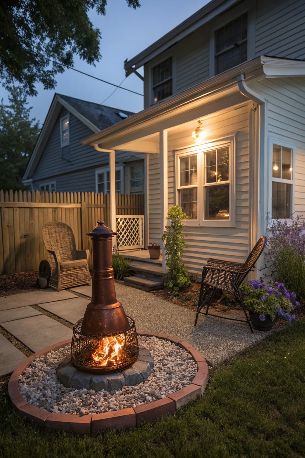 Backyard patio at dusk featuring a lit copper chiminea fire pit centered in a circular gravel area with brick edging and surrounding pavers, two chairs nearby, white house porch and plants in the background.