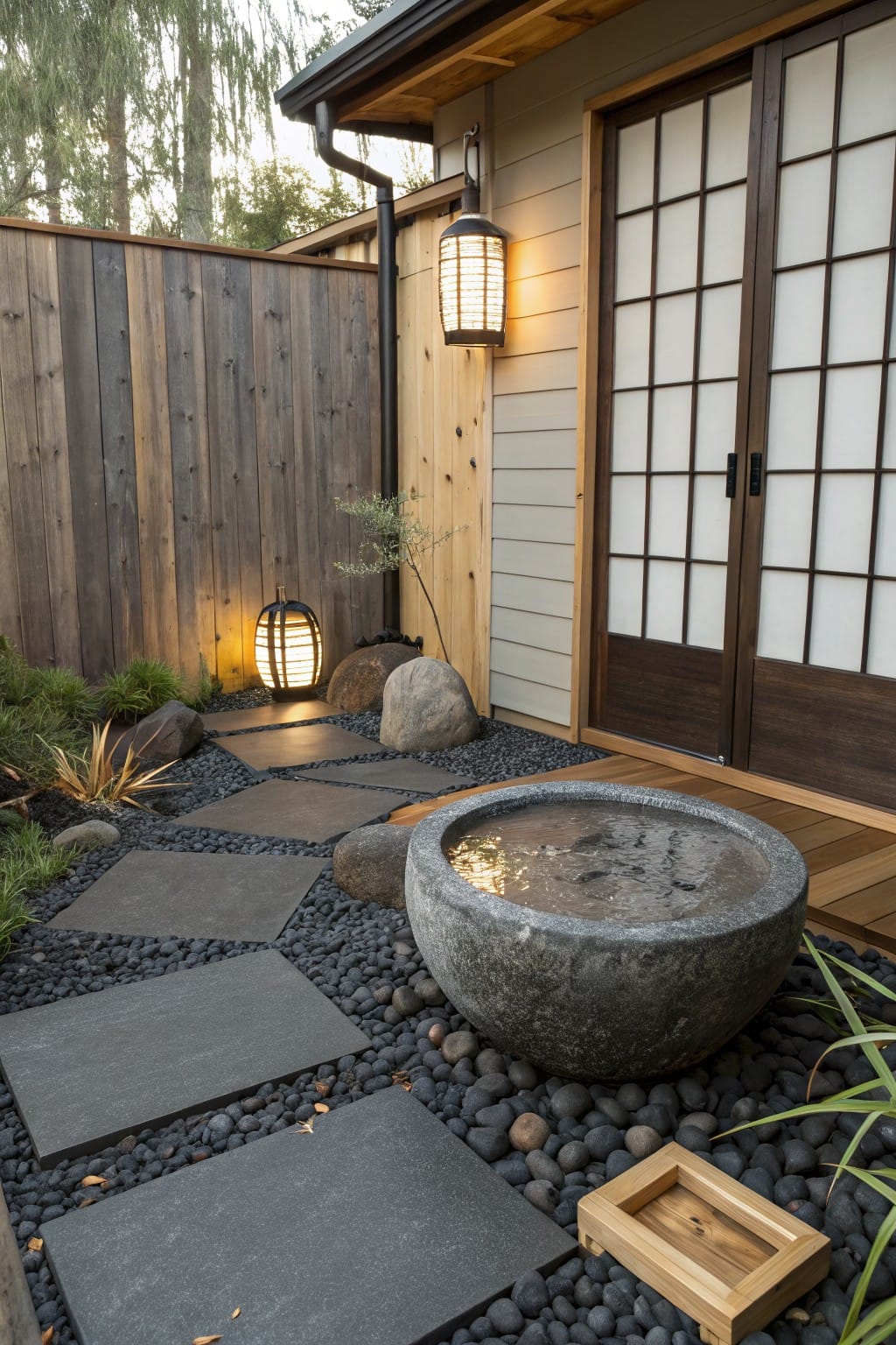 Stone Basin in Gravel Backyard