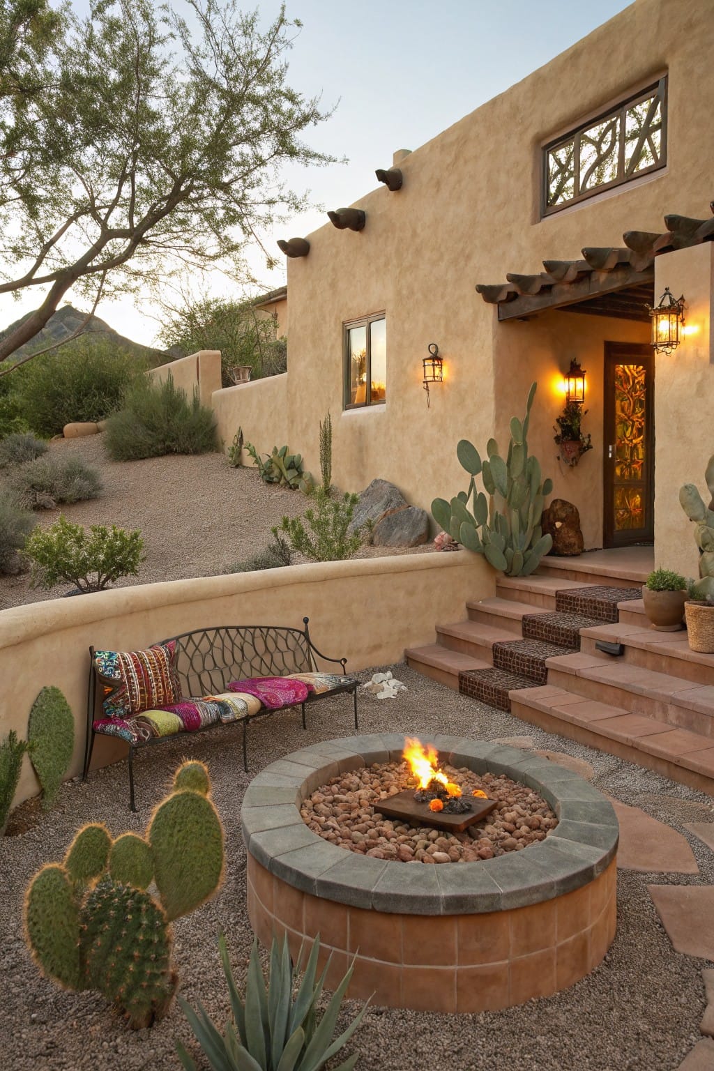 Circular stone gas fire pit with flame in gravel backyard surrounded by cacti plants, colorful bench, agave, and adobe house entry with lanterns in desert landscape.