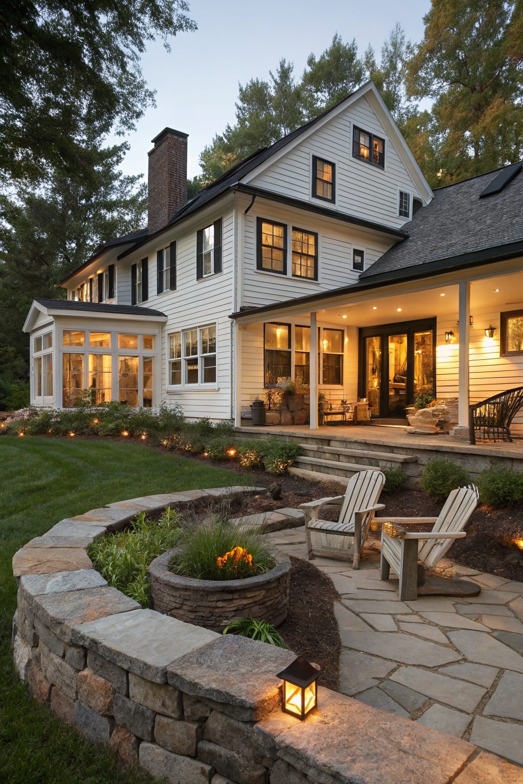 White two-story house with black shutters and dark roof, screened sunroom, covered porch, backyard flagstone patio with two Adirondack chairs inside curved stone retaining wall planted with flowers and lit by lanterns at dusk.