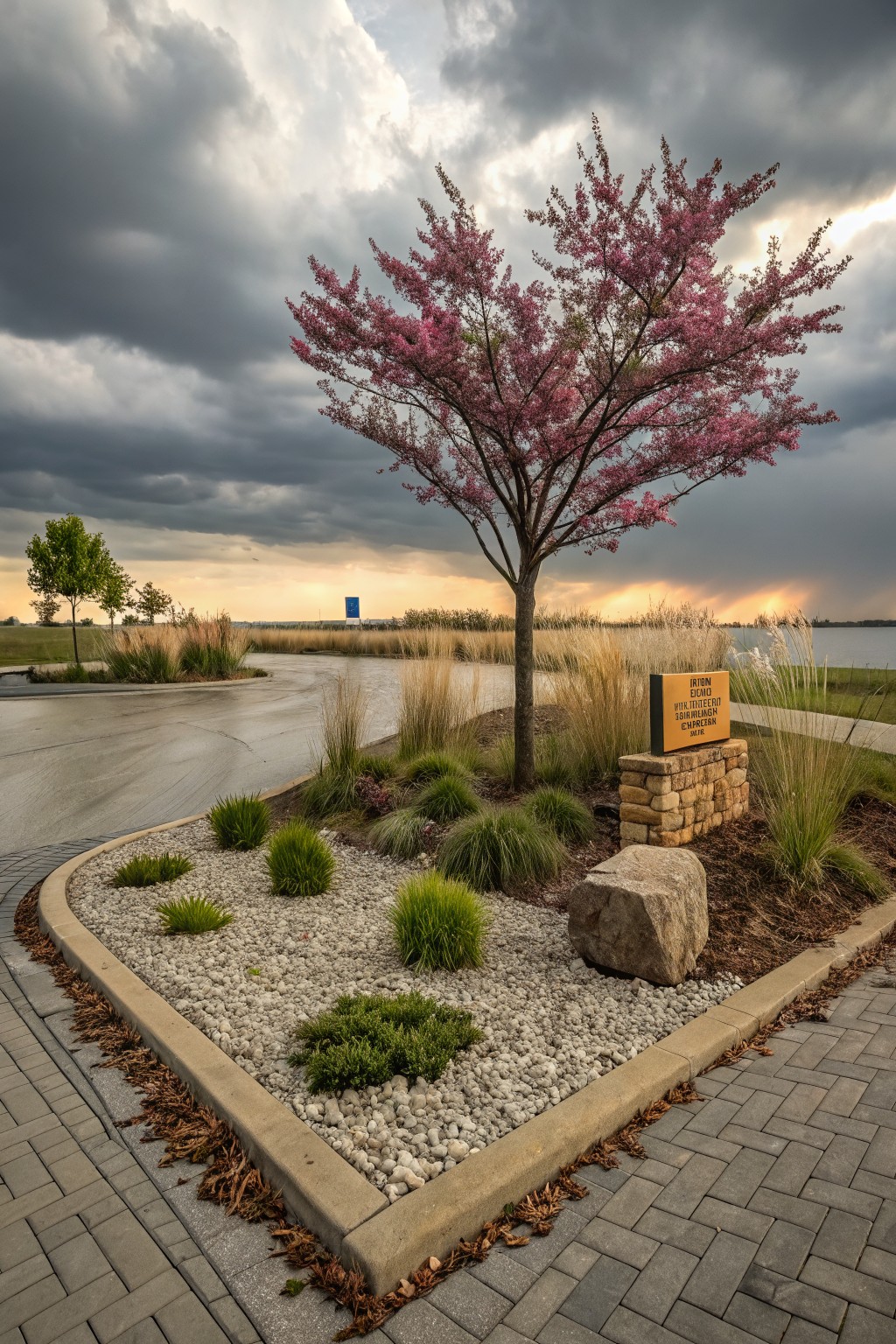 Pink flowering tree centered in a curved gravel-mulched bed with ornamental grasses, rocks, and a stone sign beside a driveway near water under cloudy skies.