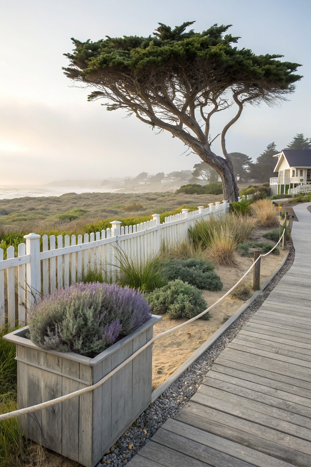 Leaning green Monterey cypress tree beside elevated wooden boardwalk path, white picket fence enclosing dune grasses and lavender planter, beach dunes and ocean in background with small white house visible.