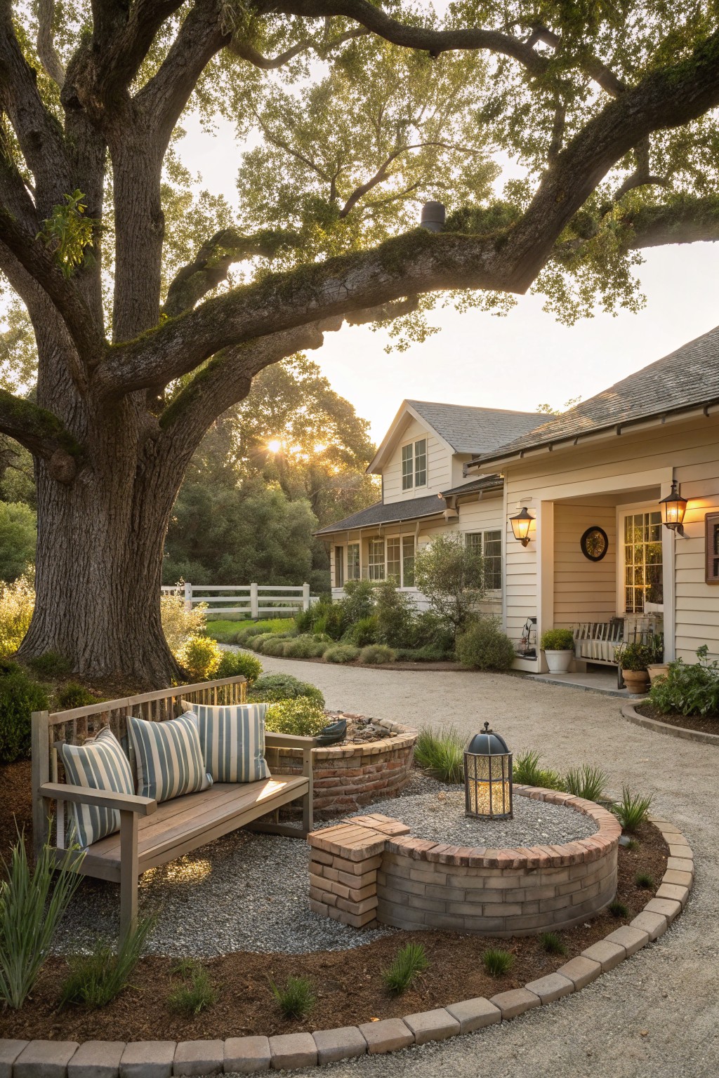 Front yard with large oak tree shading a wooden bench on gravel, circular brick fire pit nearby, plants, gravel path, and beige house with lanterns in background.