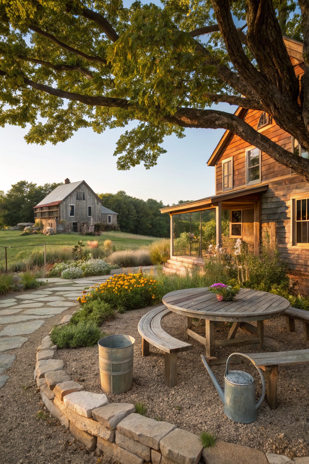 Rustic round wooden table and curved benches on gravel patio enclosed by curved dry-stacked stone wall under large tree branches, with flower beds, path, and wooden house and barn in background.