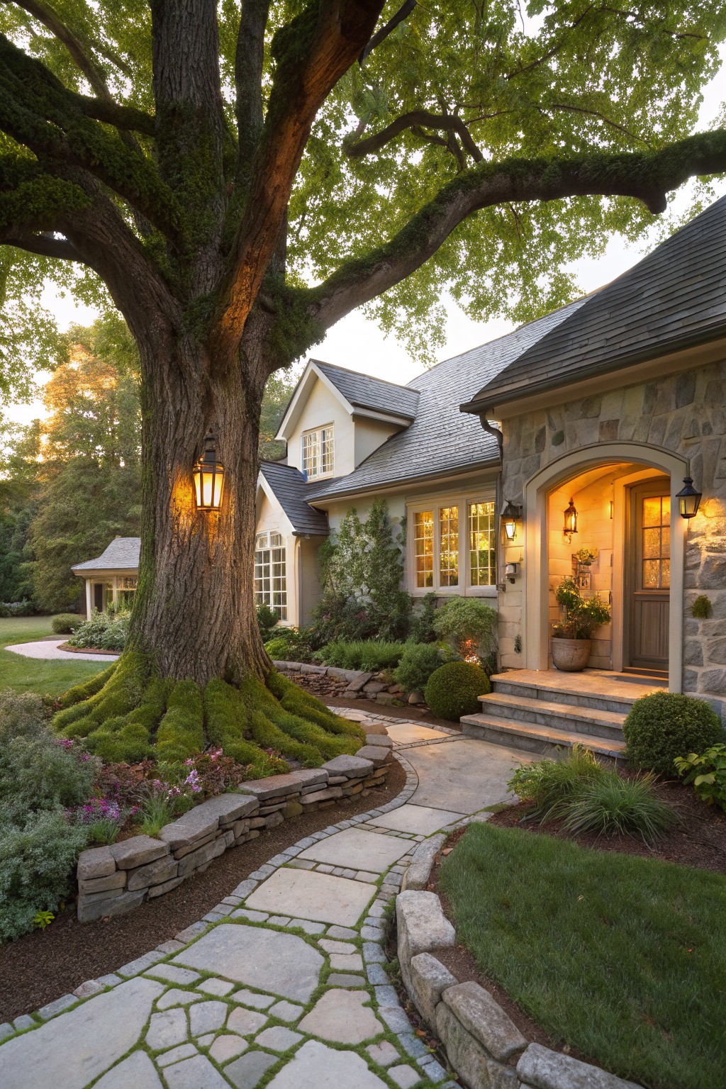 Front yard with large moss-covered tree at base of stone house, curved flagstone path edged by low stone walls winding from lawn to entry steps, plants and lanterns along the way