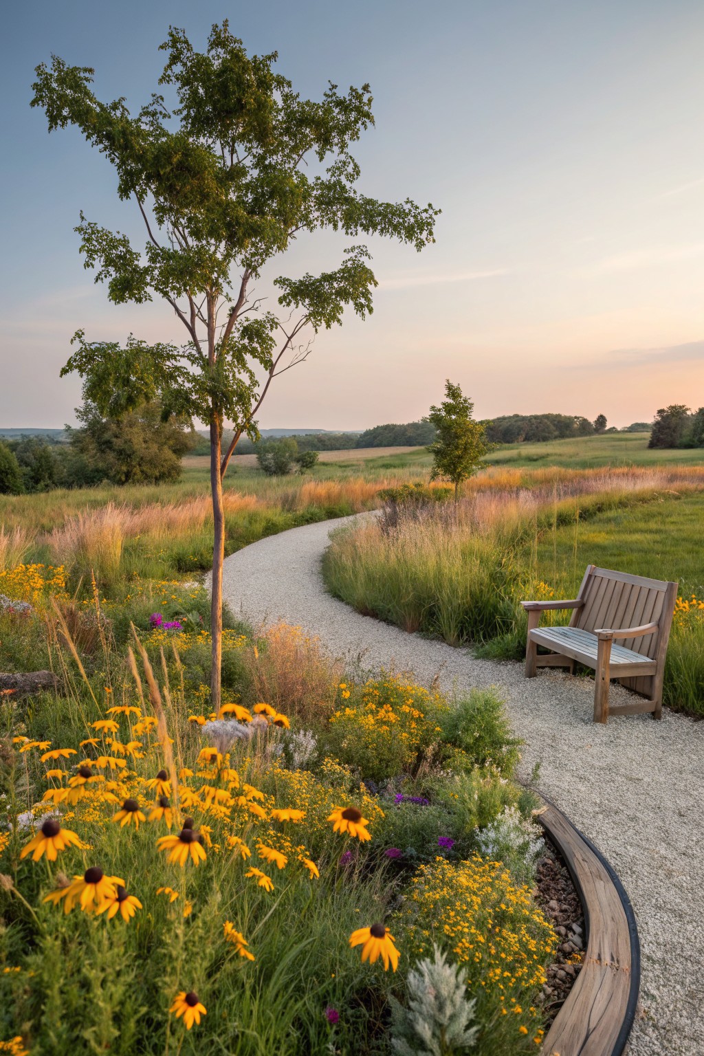 Curved gravel path winding through yellow black-eyed Susan flowers, tall grasses, and other perennials around a slender green tree with a wooden bench positioned along the path in a field at sunset.