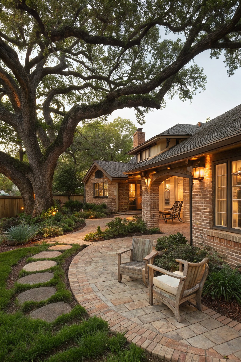 Front yard with large oak tree, curved stepping stone path through grass leading to brick patio with two wooden chairs, beside brick house with arched entry and landscape lighting.