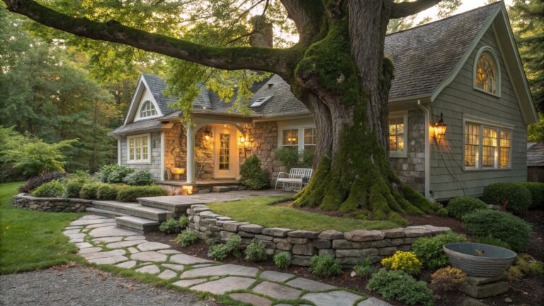 Front yard with large moss-covered tree at base of stone house, curved flagstone path edged by low stone walls winding from lawn to entry steps, plants and lanterns along the way
