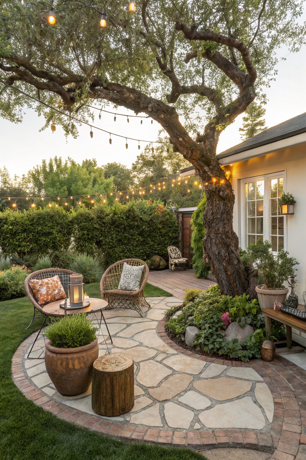 Curved flagstone patio wrapping around the base of a large gnarled olive tree in a backyard, with wicker chairs and small table on the patio, terracotta pots, stump stools, string lights in branches, surrounding plants and grass, and adjacent white house exterior with windows.
