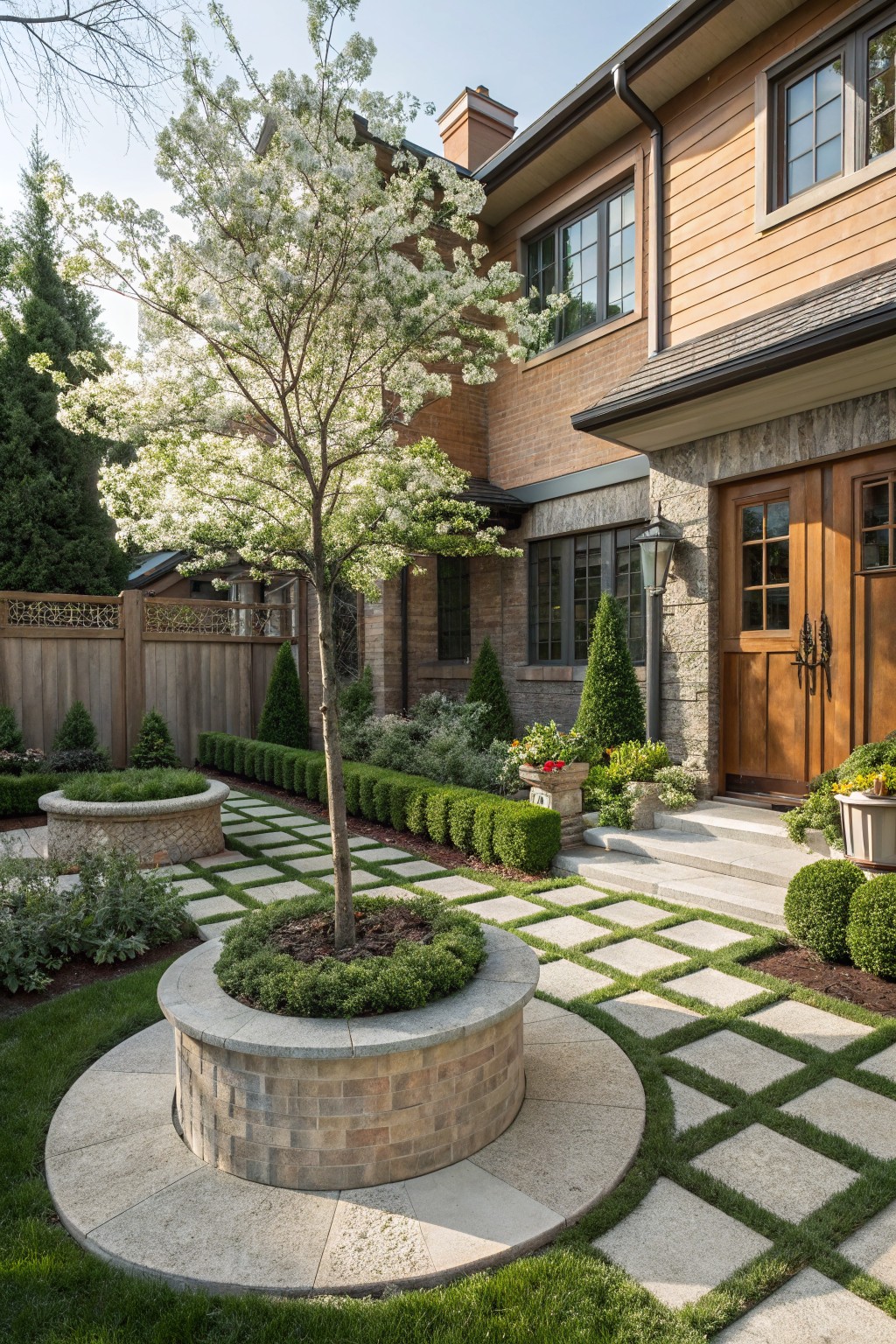 Front yard landscaping showing a young tree with white blossoms in a circular raised stone planter at the center of a grid-patterned paver path, edged by boxwood shrubs and leading to a house entry with stone steps and wooden doors.