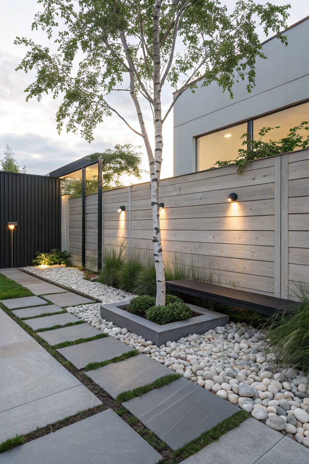 Gray concrete stepping stone path set into white pebble gravel in a garden, leading past ornamental grasses to a low black wooden bench beside a birch tree, with cedar wood fencing and wall lights nearby.