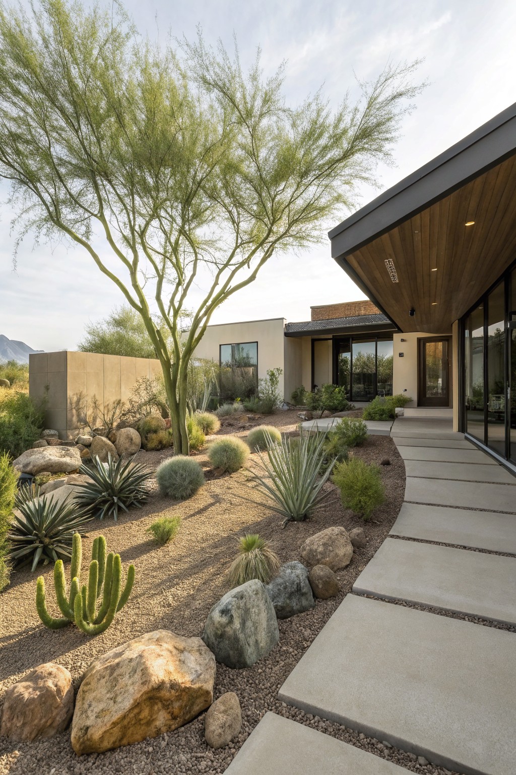 Modern stucco house exterior in desert landscape with large wispy green tree, boulders, agaves, cacti, and concrete paver path leading to entry.
