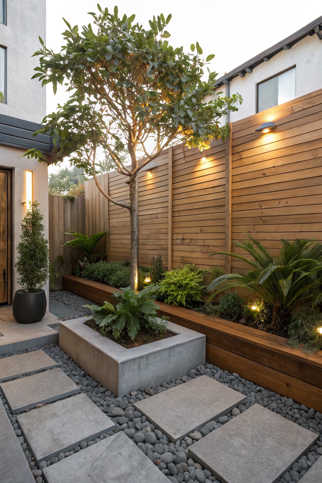 Front yard landscaping with a central young tree surrounded by a raised wooden planter box containing ferns, wooden slatted fence, pebble ground cover, large gray stone pavers, low-voltage lights, and various tropical plants.