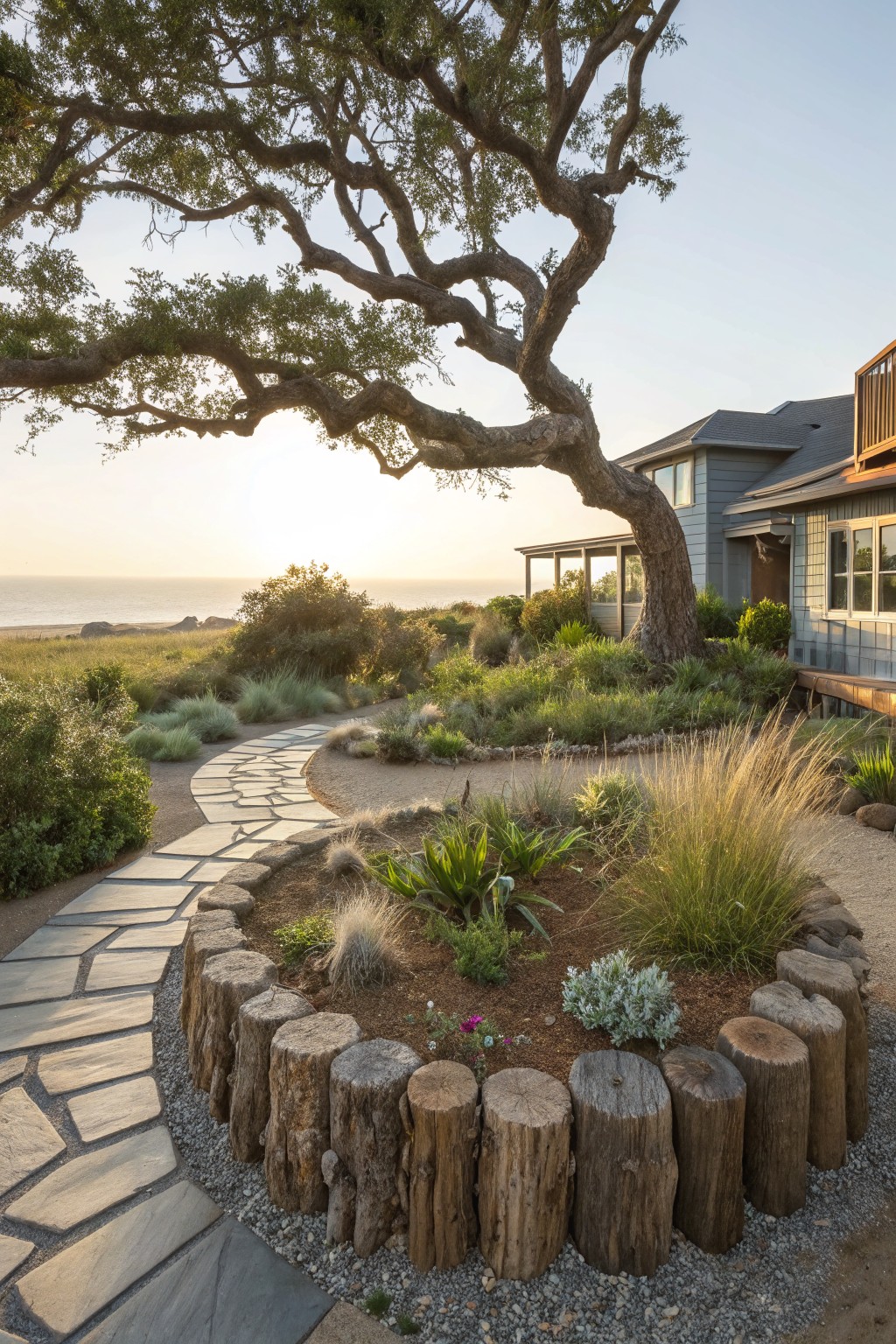 Winding flagstone path leading to a circular garden bed edged with stacked log rounds filled with grasses and plants under a large oak tree near a house with ocean view.