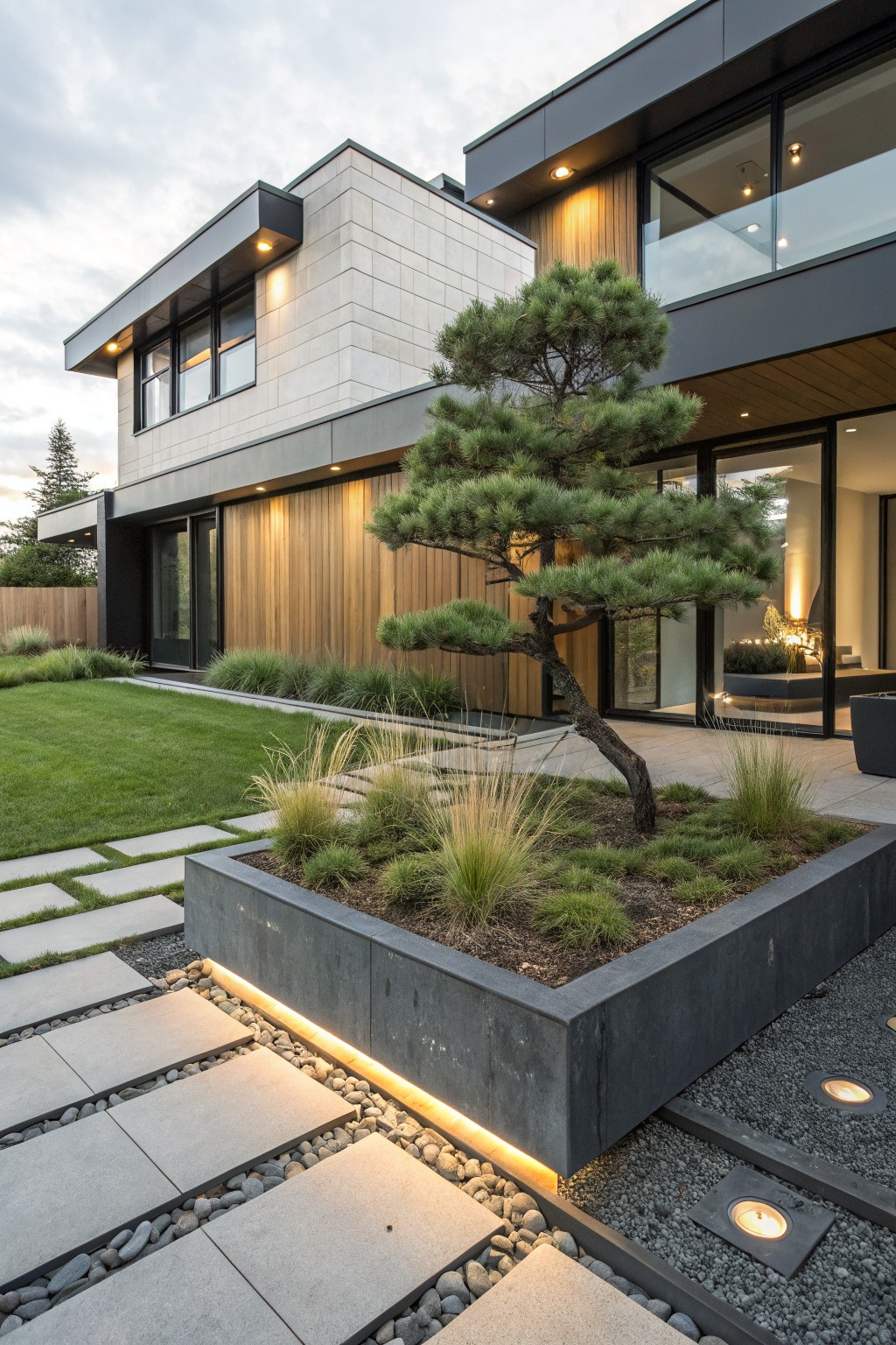 Modern house with light stone and dark cladding beside a tall shaped pine tree in a black concrete planter box filled with grasses, surrounded by lawn, pavers, gravel, and path lights at evening.