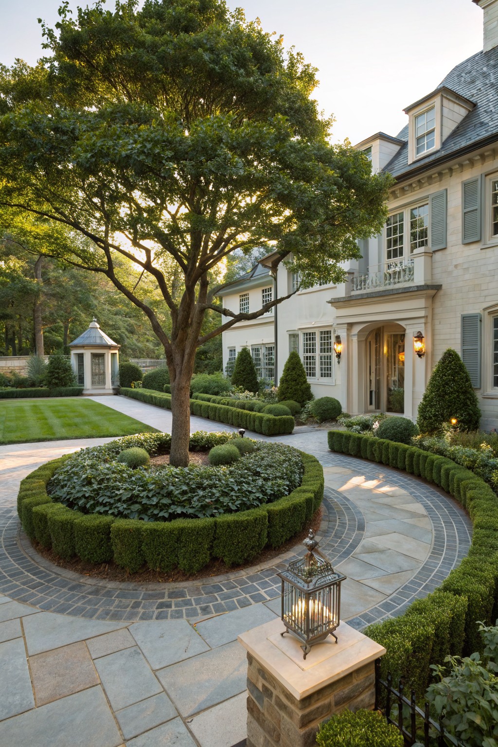 Front yard with a large tree in the center of a circular boxwood bed edged by a curving gray stone path, manicured lawn, additional hedges, and a light beige house entrance in the background.