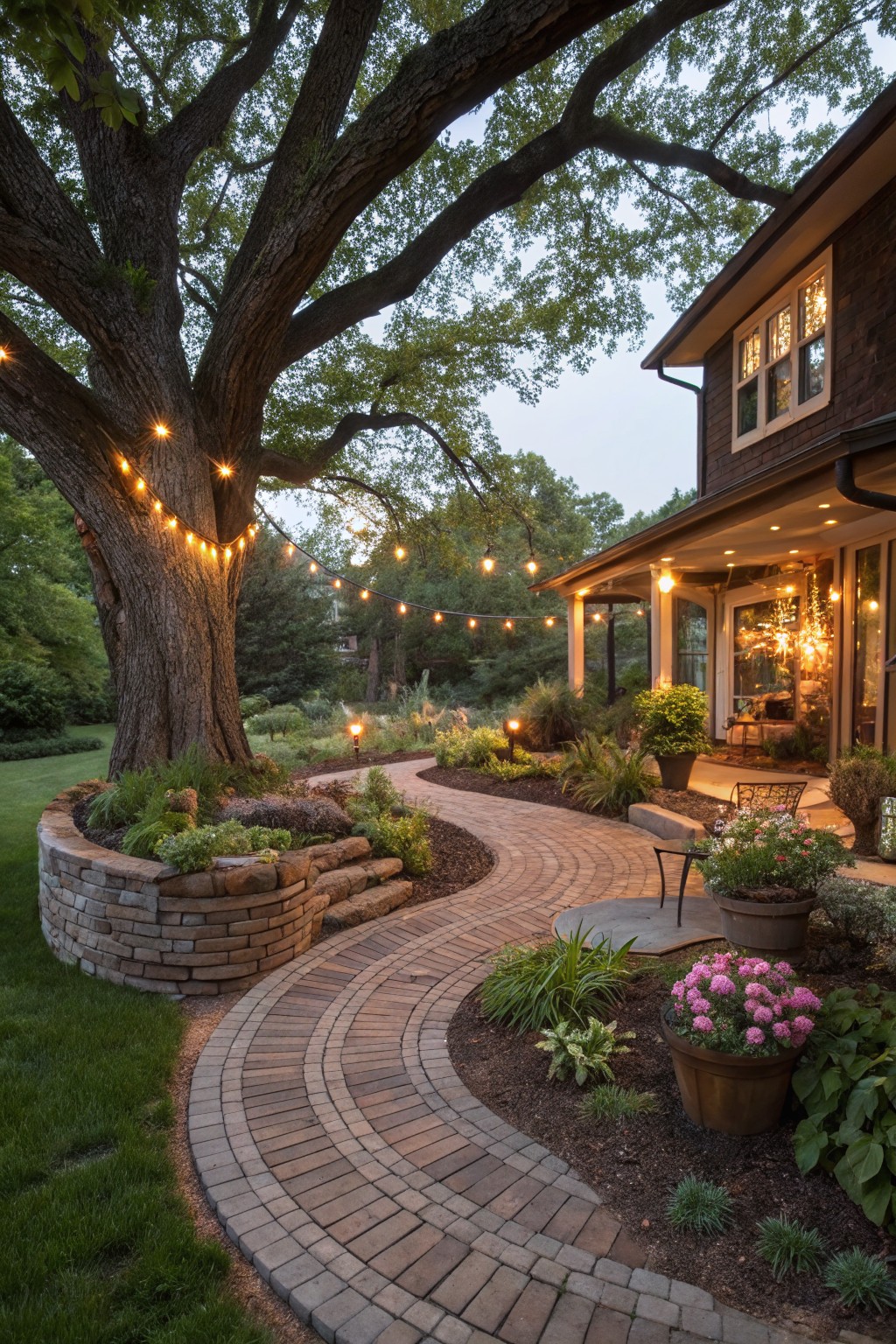 Large oak tree wrapped in string lights with a curved brick pathway winding through garden beds, stone retaining wall, and plantings leading to a house porch and patio area at dusk.