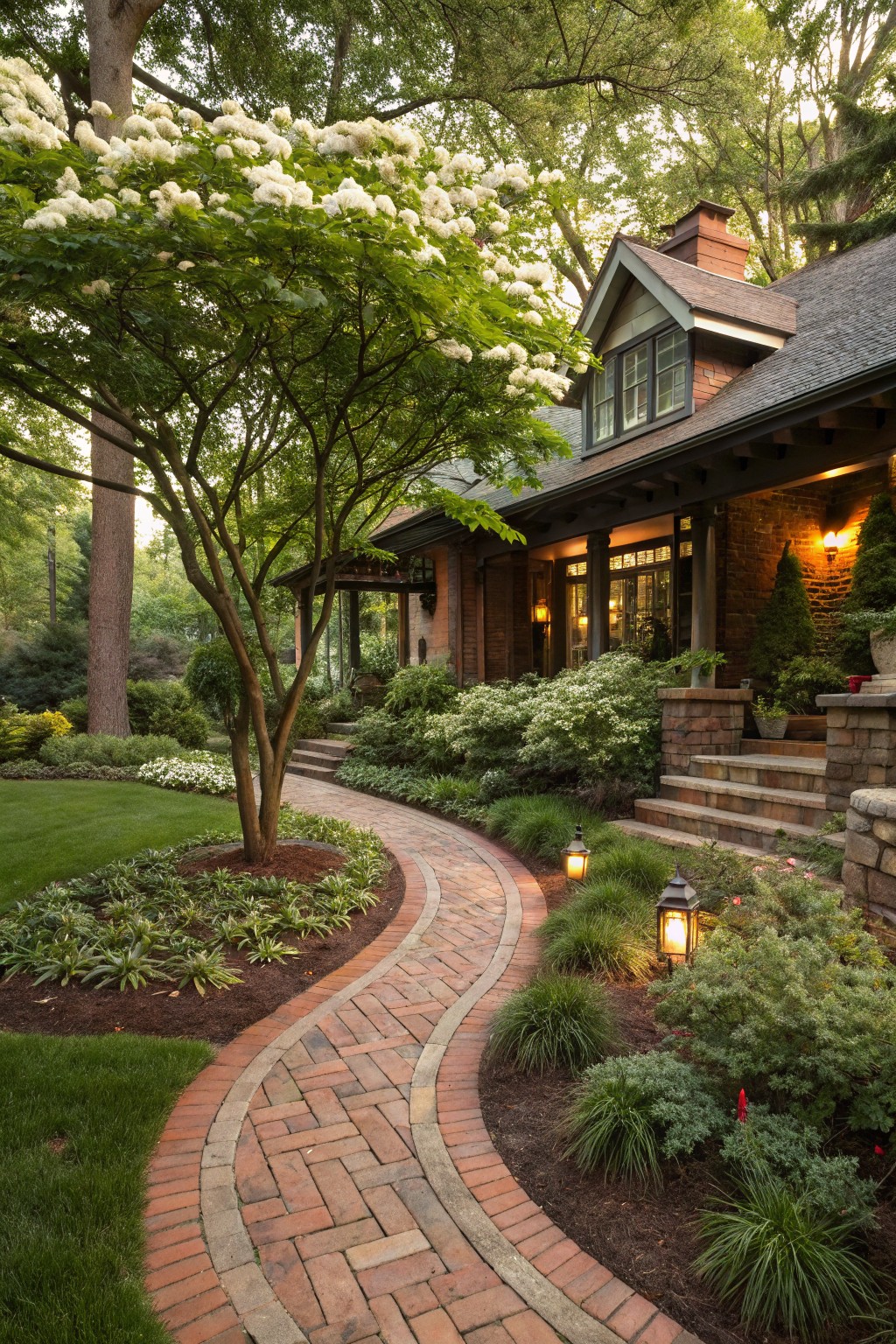 Curved red brick pathway winds through front yard landscaping around a tree with white blooms, bordered by grass, shrubs, mulch beds, and stone steps leading to a brick house porch with lanterns.