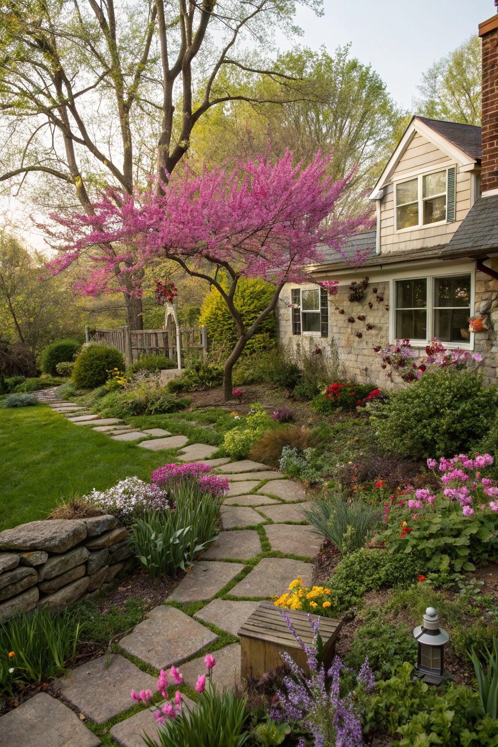 Winding flagstone path through colorful flower beds and shrubs in a front yard garden, with a central pink flowering tree and house in the background.