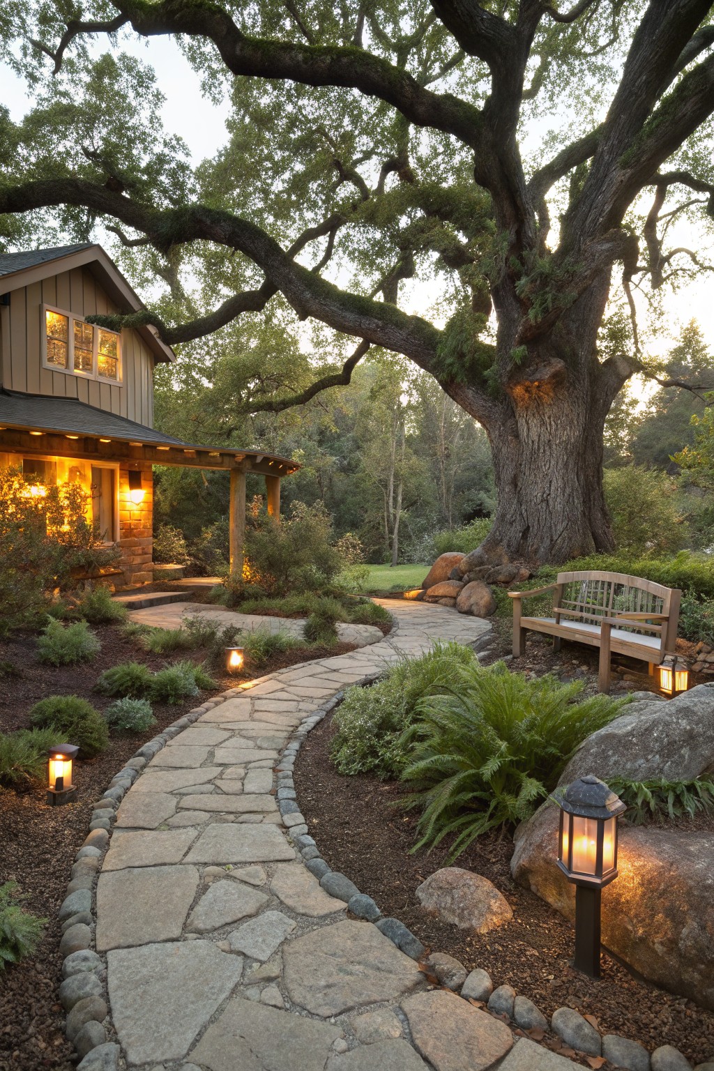 Front yard landscape with a large moss-covered oak tree, meandering flagstone path edged by rocks and plants, wooden bench, lantern lights, and shingled house with porch in evening light.