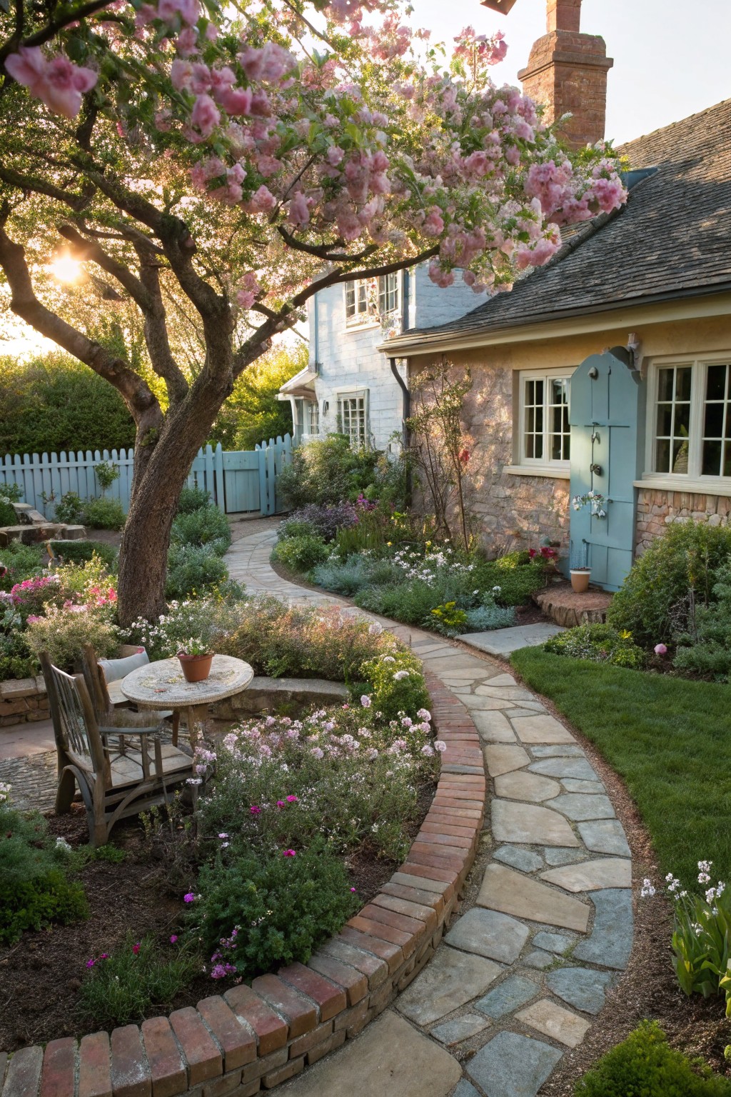 Front yard with a curving flagstone path winding around a large tree with pink blossoms, bordered by brick edging and flower beds, a small wooden table and chairs nearby, and a house featuring a turquoise door.