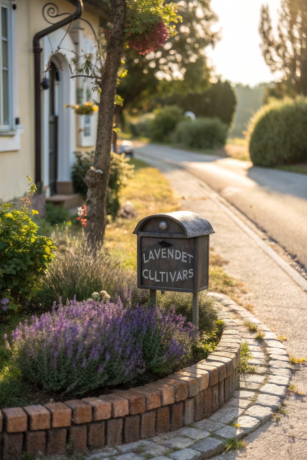 Curved brick-edged garden bed planted with lavender bushes next to a roadside path, a metal mailbox labeled 