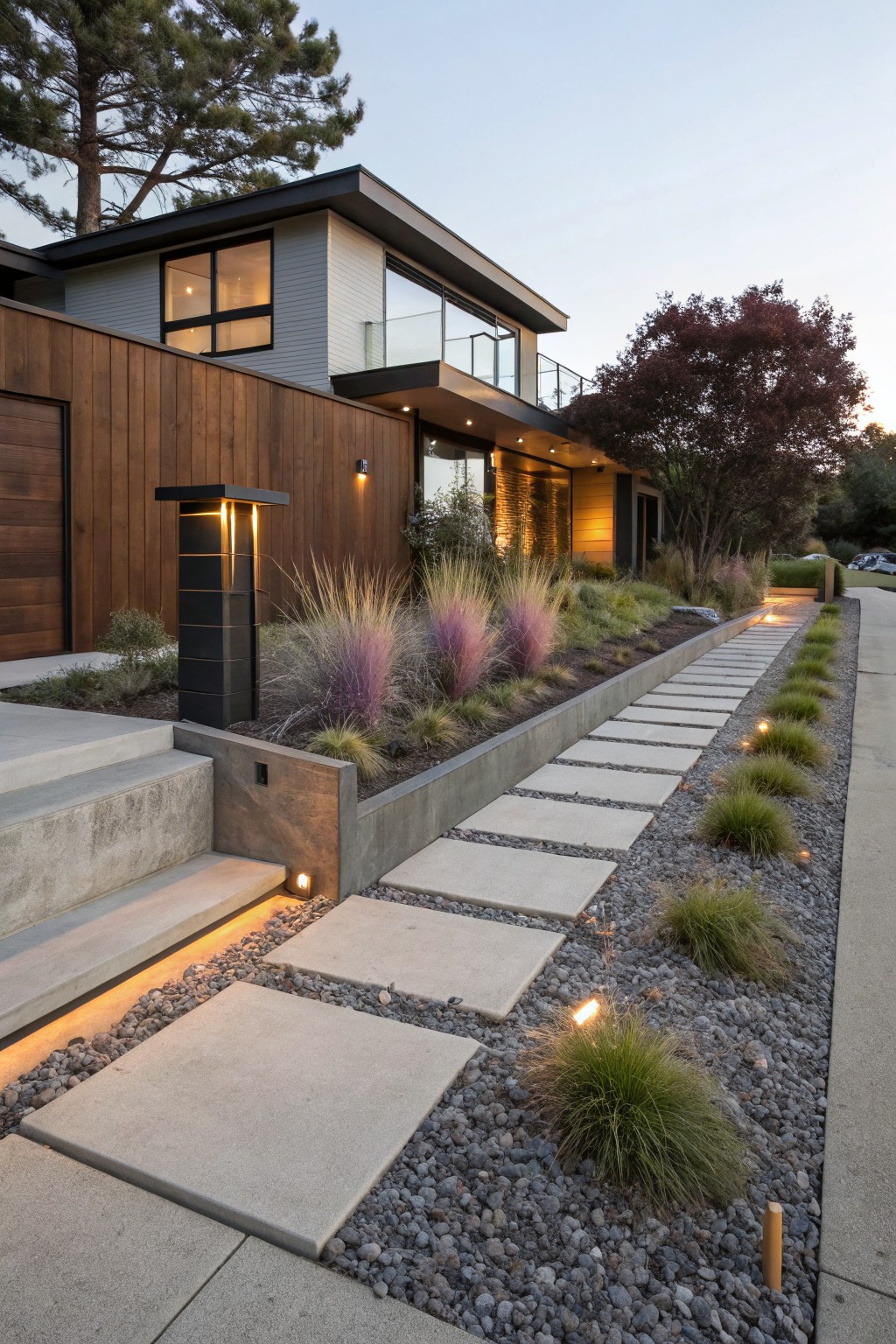 Modern wood and concrete house exterior with a linear pathway of large square concrete pavers set in gravel, bordered by ornamental grasses in raised beds, and integrated low-level lighting leading to entry steps.