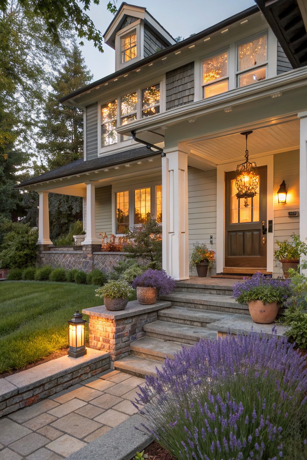 Gray shingled house with covered front porch, stone steps leading to wood entry door, bordered by lavender plantings and potted flowers, path lamp lit beside green lawn at dusk.