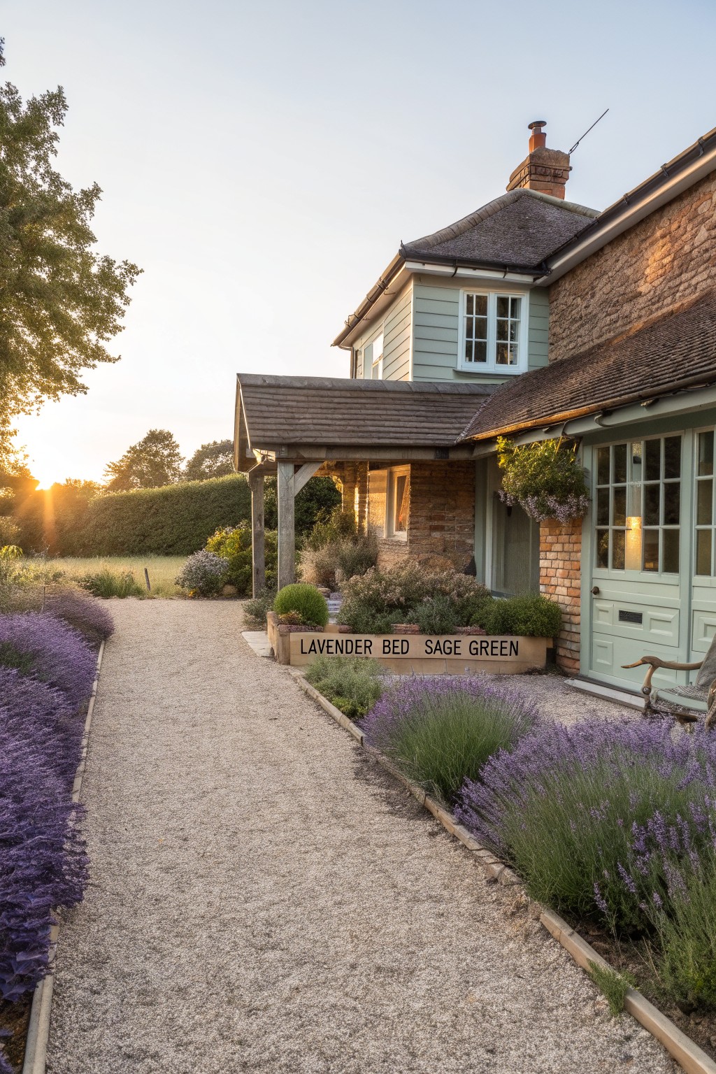 Brick and pale green cottage house with wooden porch, gravel pathway lined by purple lavender plants and beds leading to a green front door, garden shrubs, and sunset sky.