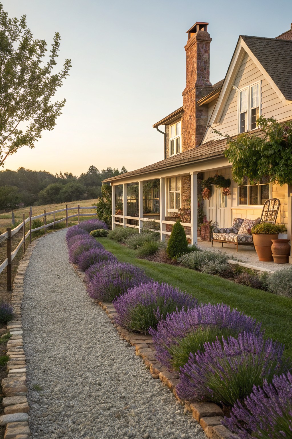 A gravel pathway bordered by dense lavender shrubs leads to a covered porch on a beige shingle-style house with a stone chimney, white railings, cushioned furniture, potted plants, and distant fields under a sunset sky.