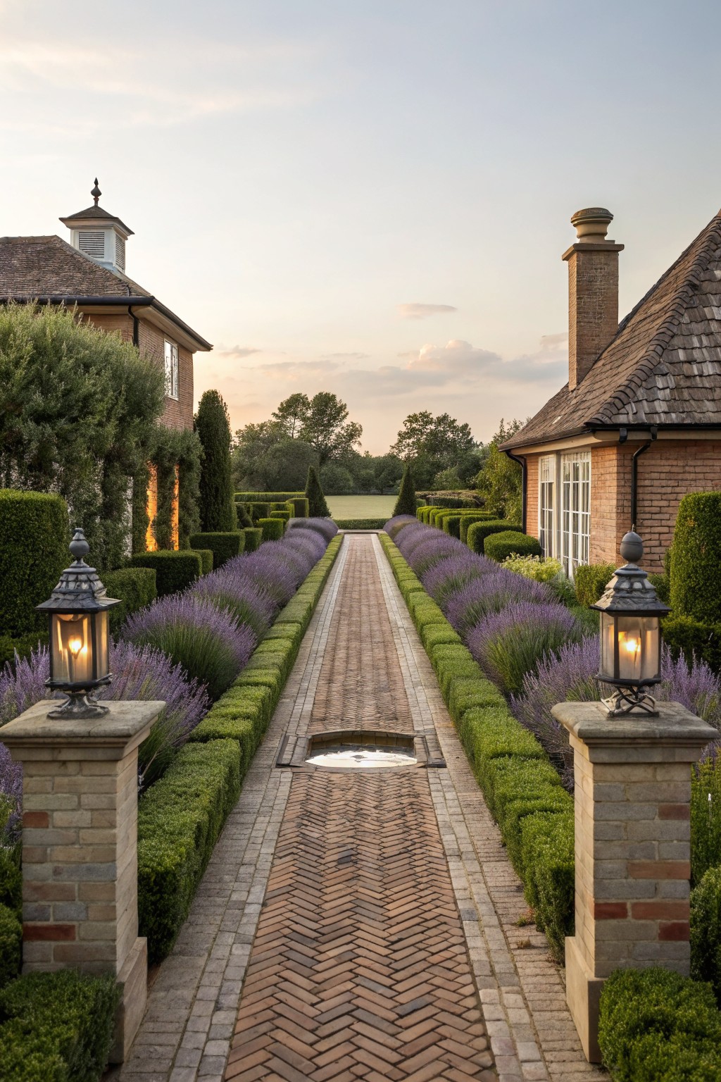 Brick pathway in herringbone pattern lined on both sides with lavender plants and boxwood hedges, flanked by lanterns on brick pedestals, with brick houses and trees visible in the background at sunset.
