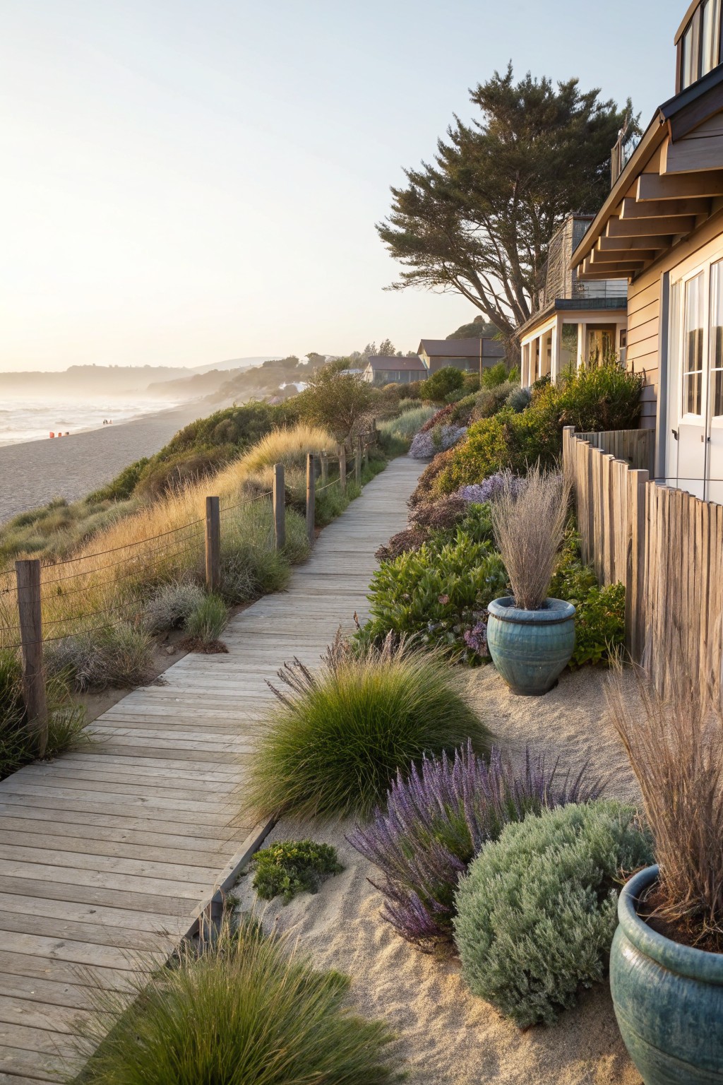 Wooden boardwalk path edged with lavender plants, ornamental grasses, shrubs in blue pots, and sand dunes, leading past beach houses toward the ocean at sunset.