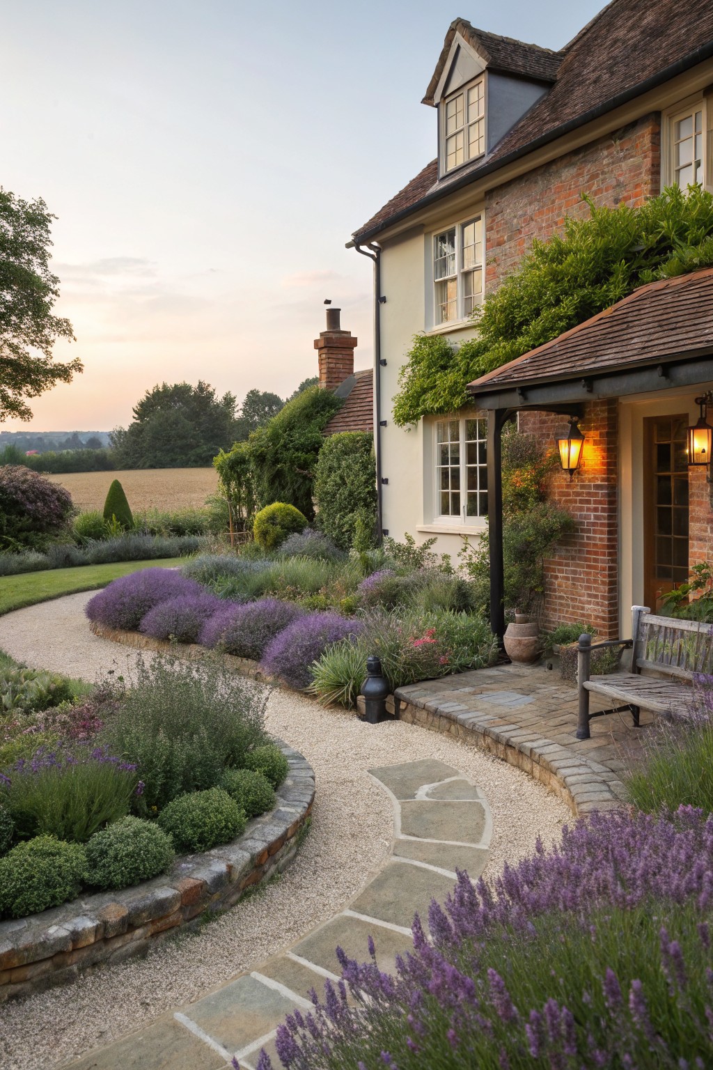 A brick and white English cottage house with climbing plants and a covered porch, approached by a curved gravel path bordered by purple lavender bushes and other garden plantings in a rural setting at dusk.