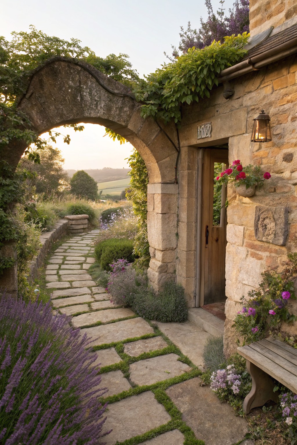 Stone archway covered in vines leading to an open wooden door on a rustic stone cottage, with a flagstone path edged by lavender plants and surrounded by gardens, flowers, and a bench.