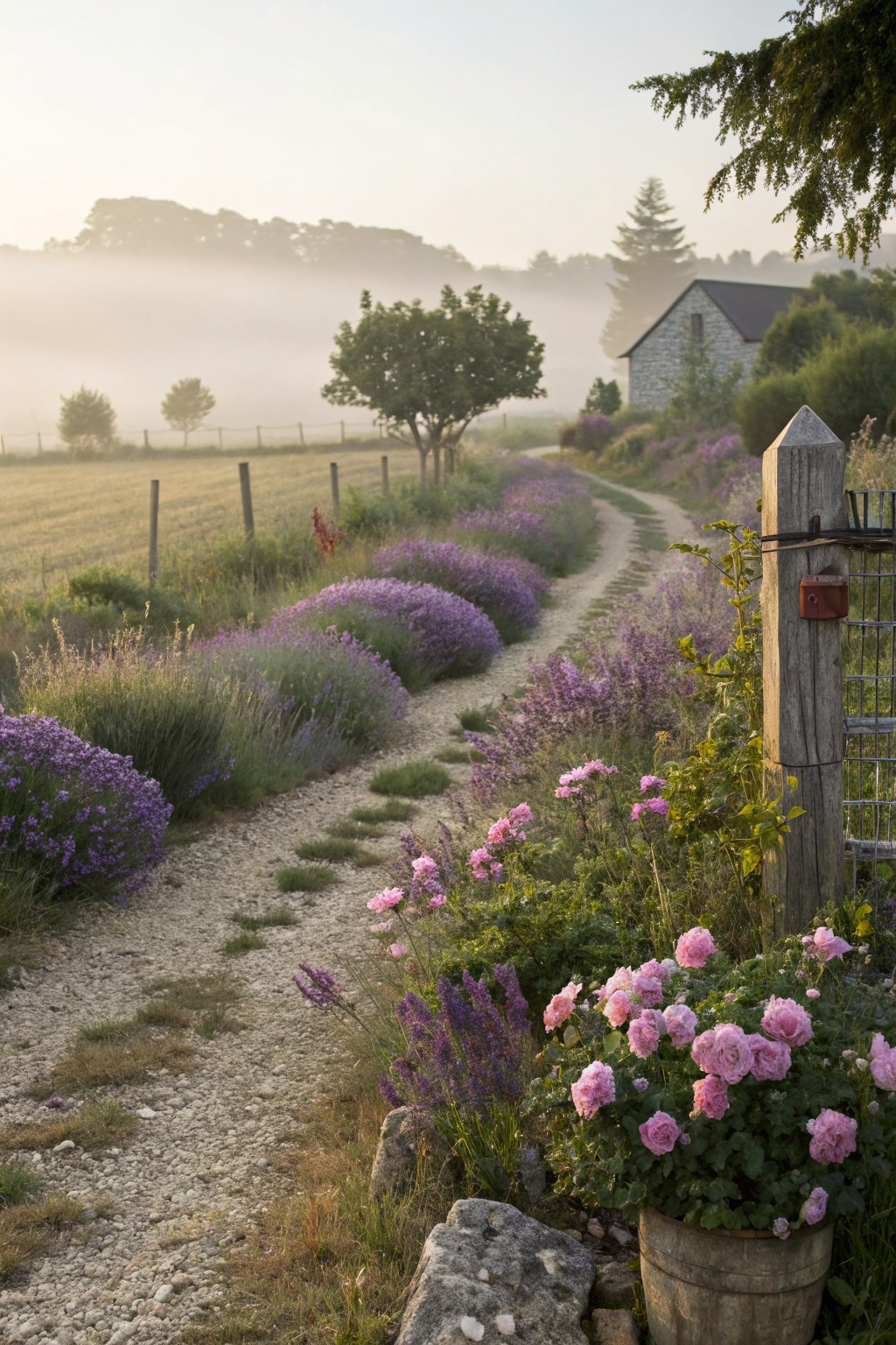 Gravel path winding through borders of lavender shrubs and pink roses toward a wooden gate and post in a misty rural landscape with a stone cottage visible in the background.