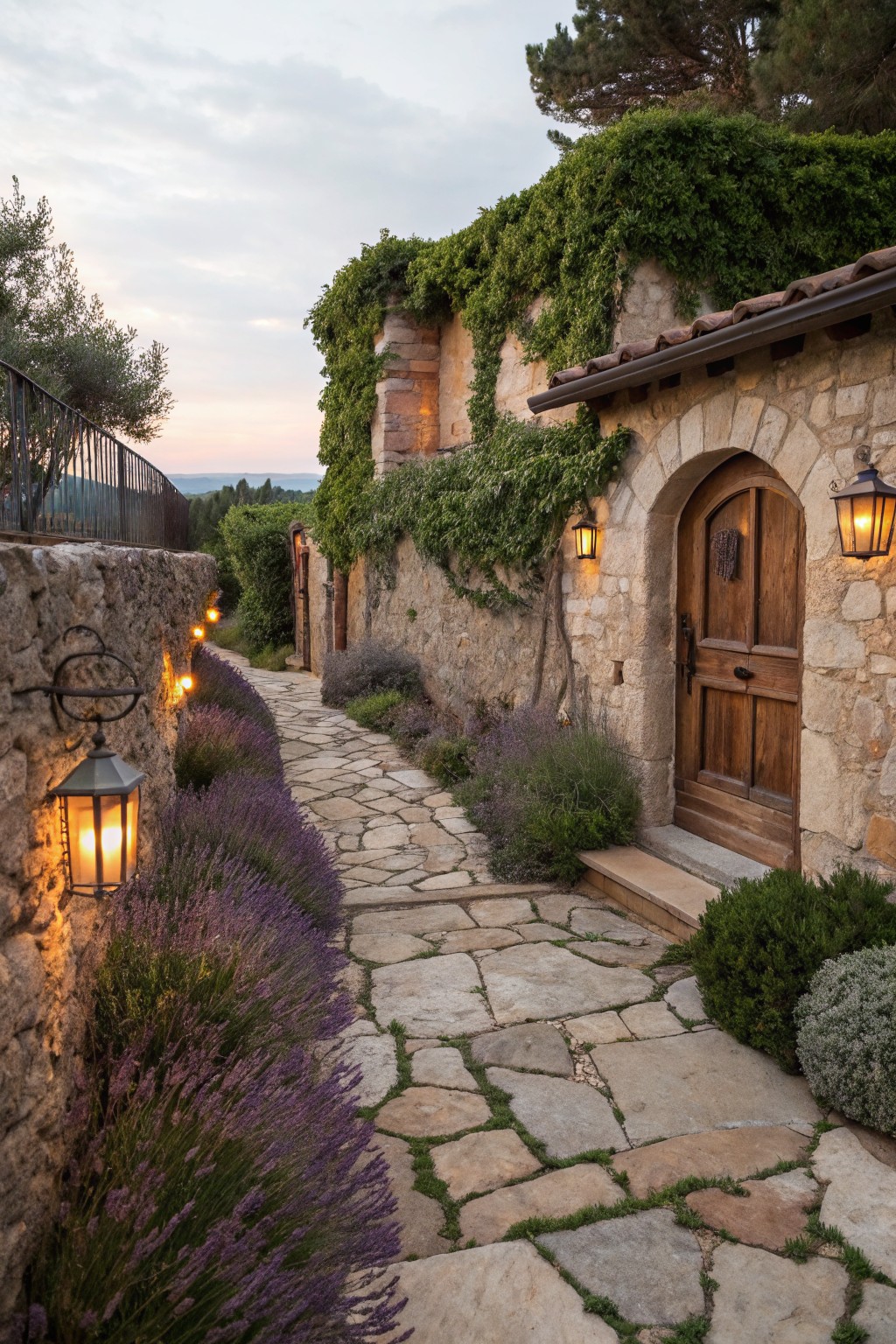 Stone pathway edged with lavender plants leading to an arched wooden door on a ivy-covered stone house wall, lit by hanging lanterns.