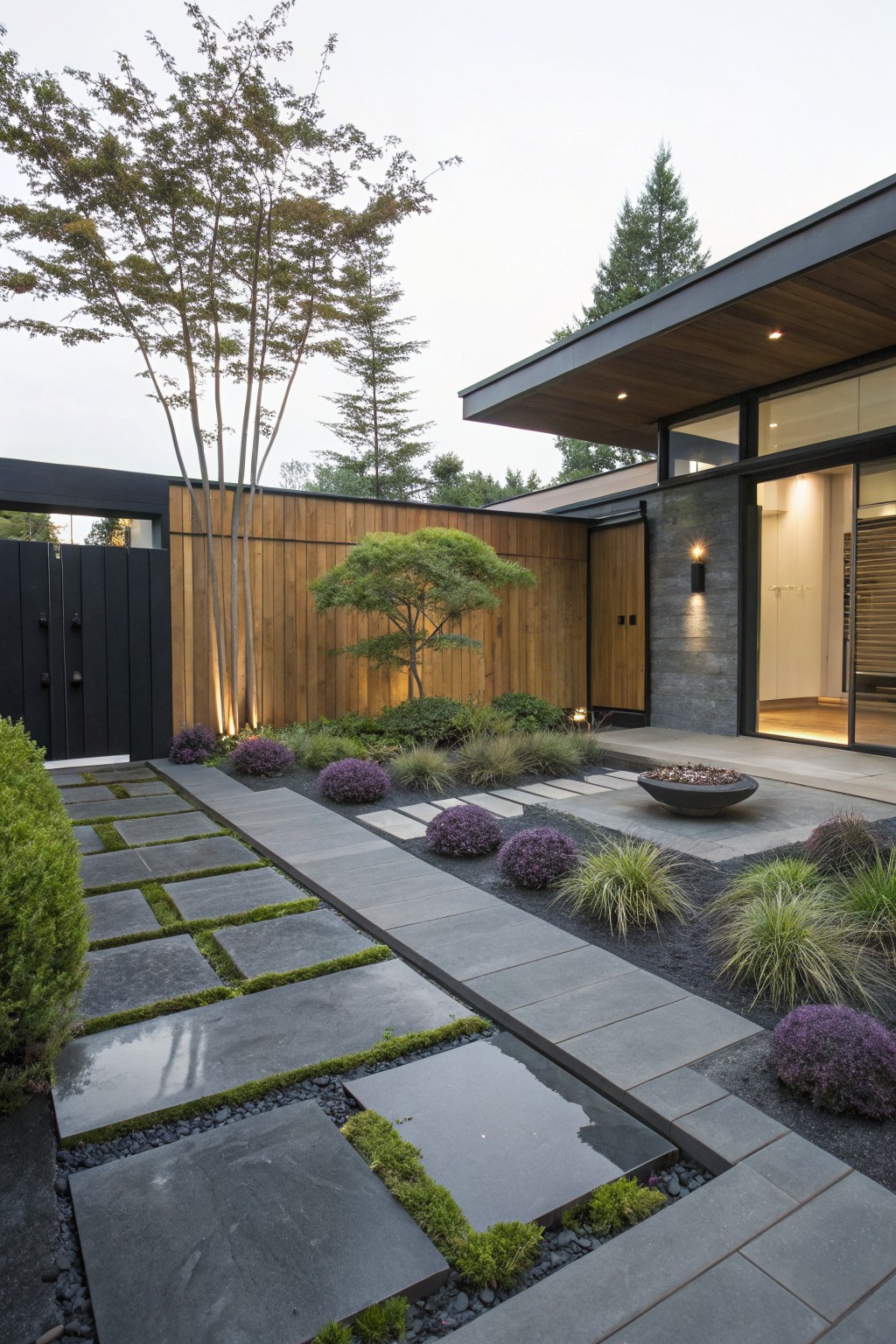 Contemporary front yard landscaping with dark slate slab pathway set in gravel and moss, bordered by purple shrubs, ornamental grasses, boxwood hedges, and a fire bowl, leading to a modern house entry with wood and glass elements.