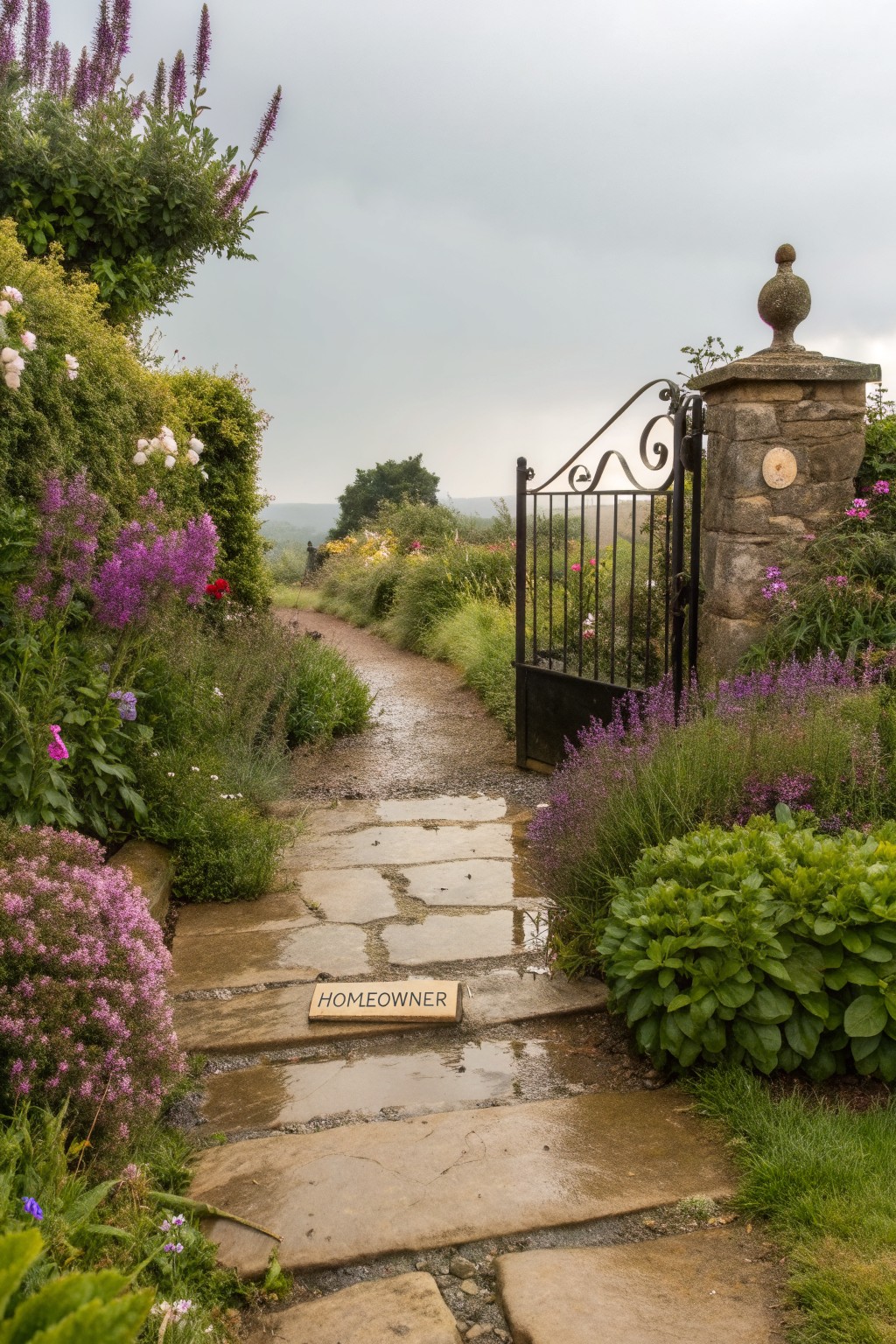 Wet stone path lined with purple lavender flowers, pink blooms, and green shrubs leading to an open black wrought-iron gate between stone pillars with a 