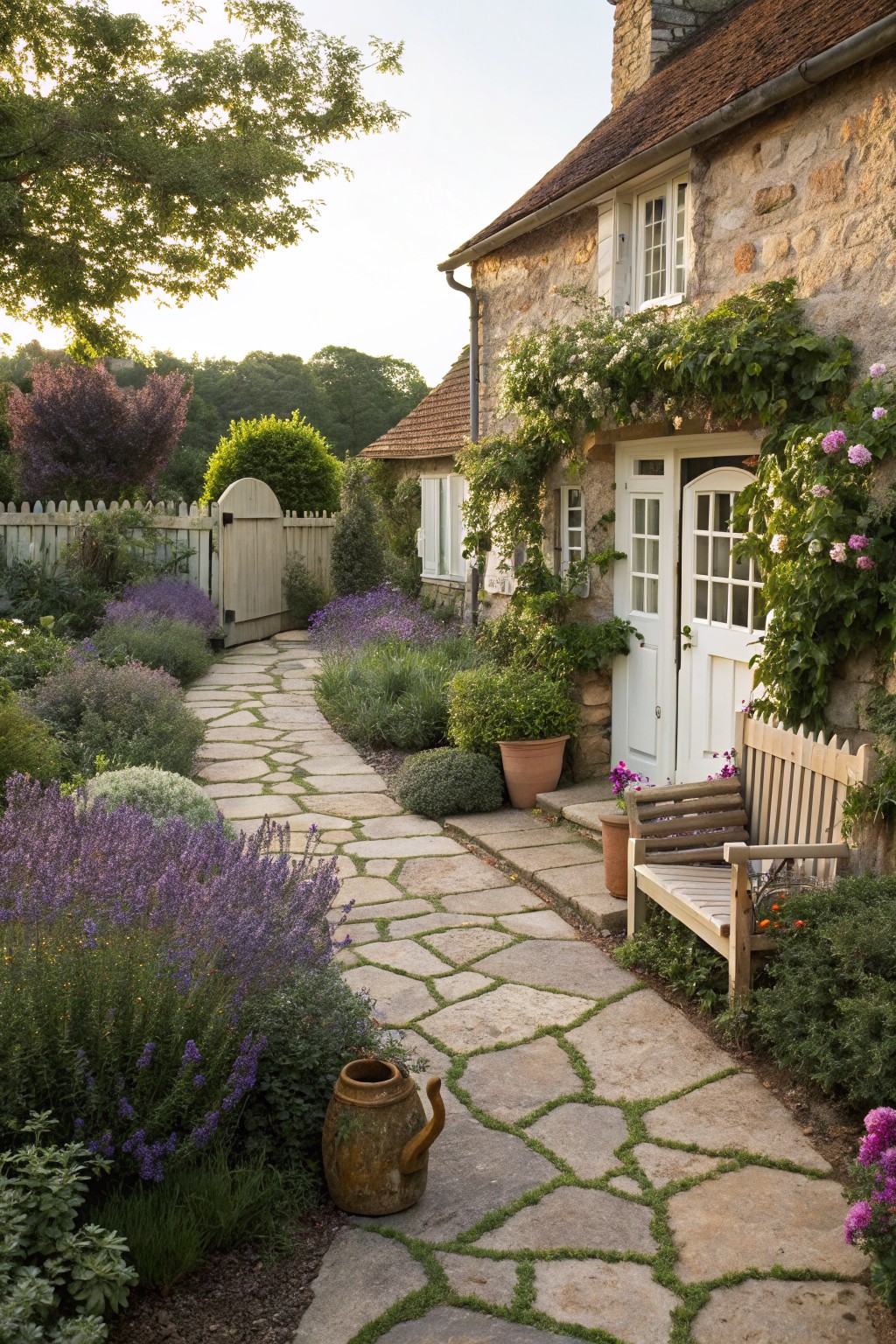 Stone pathway winding through garden beds planted with lavender and other plants leading to the white double doors of a stone cottage house with climbing vines a wooden bench and terracotta pots nearby.