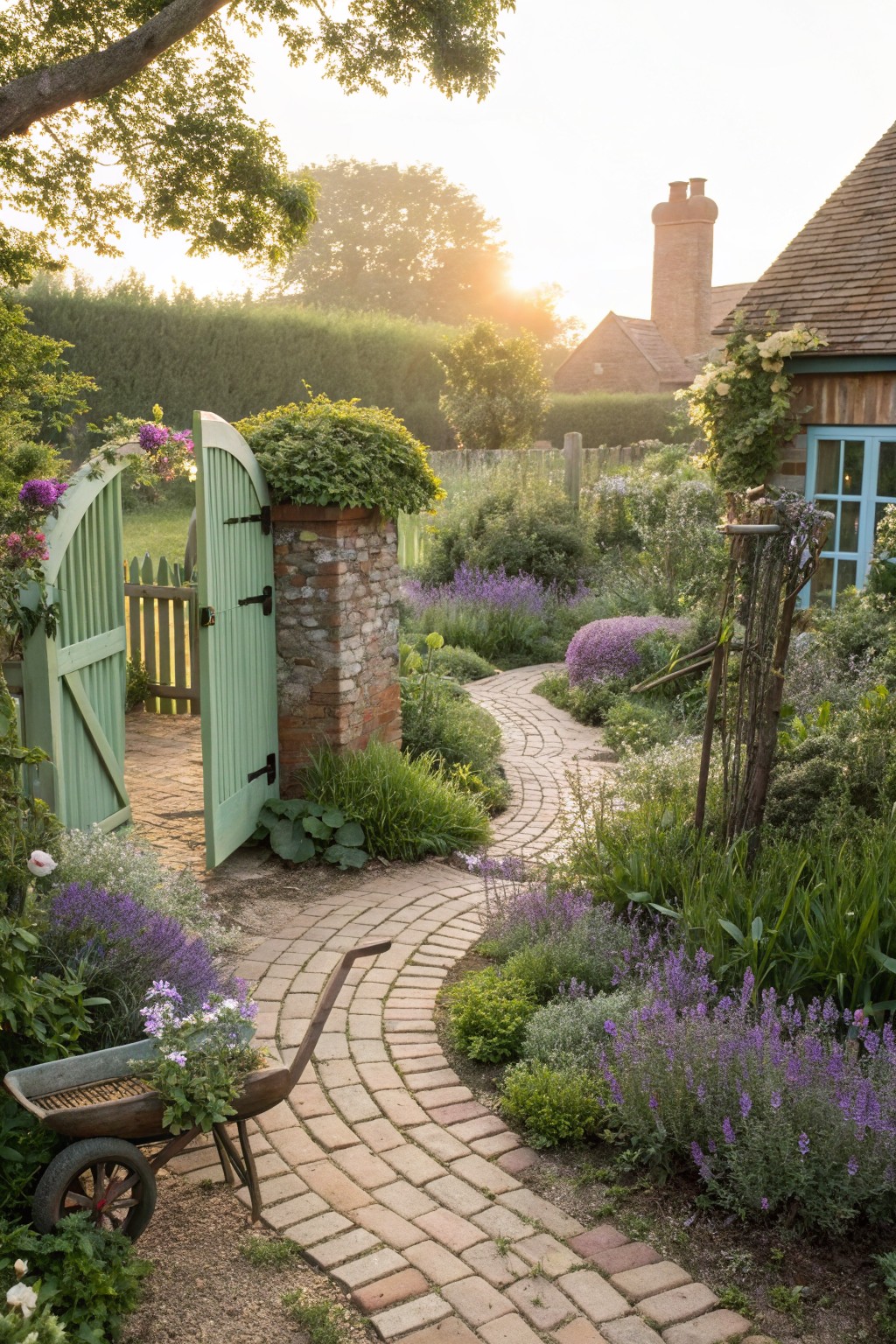 A curved brick pathway winds through a lush garden of lavender, salvia, and other perennials, with a wooden wheelbarrow of flowers nearby and an open green gate leading toward a brick cottage house in soft morning light.