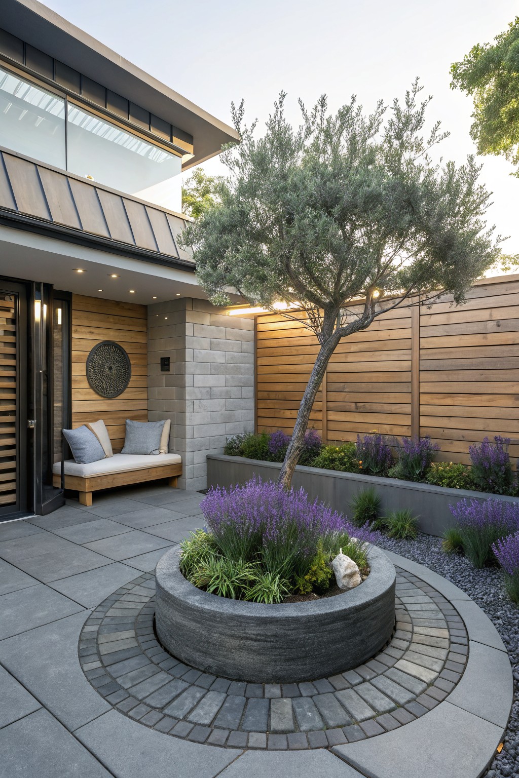 Modern home entry courtyard with wooden bench on concrete pavers, circular gray stone planter filled with grasses and a rock, surrounding lavender beds and grasses, olive tree against wooden fence, and concrete block wall.