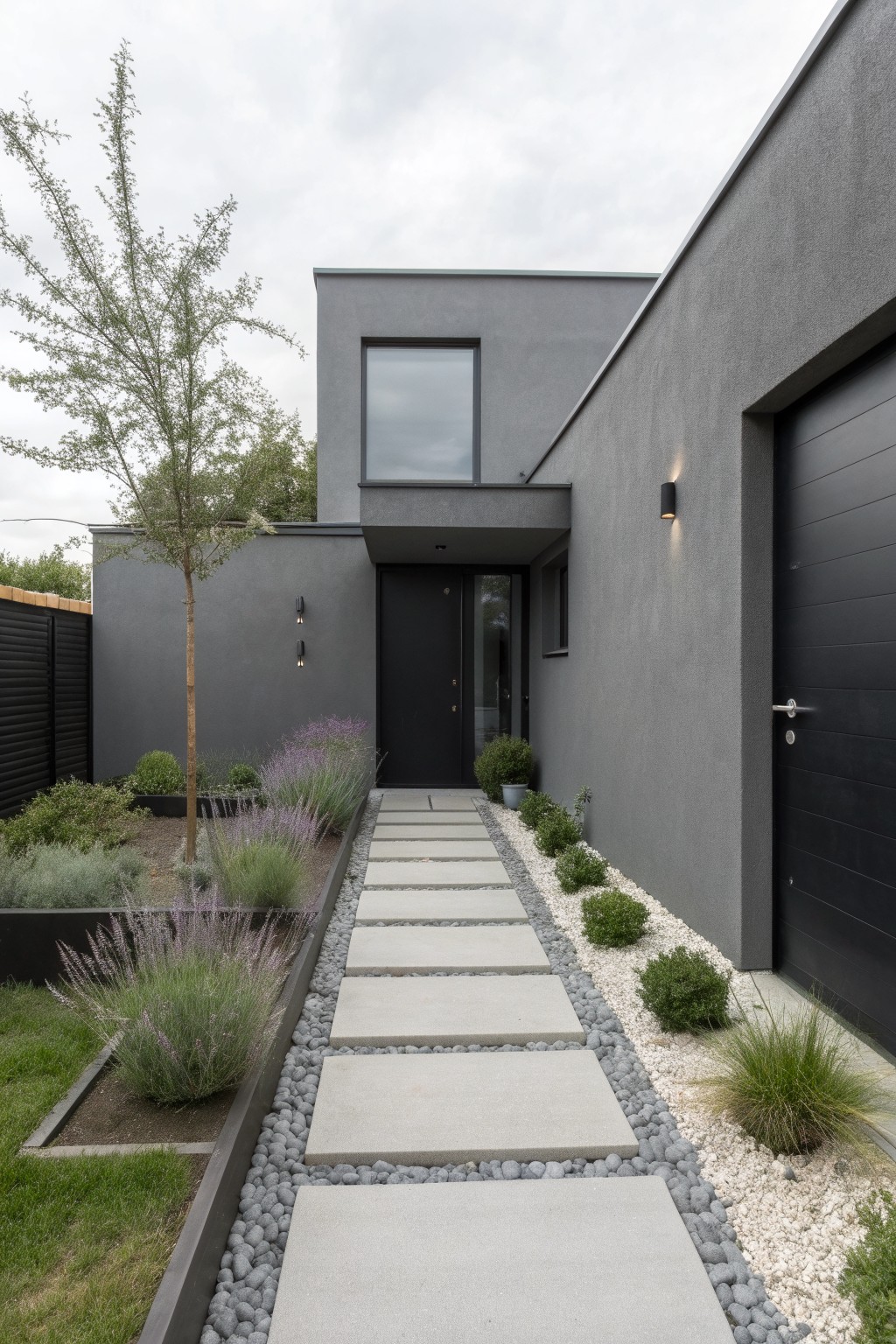 Modern gray stucco house exterior featuring a concrete slab pathway leading to a black front door, bordered by lavender plants in gravel beds, pebbles, low shrubs, and a young tree.