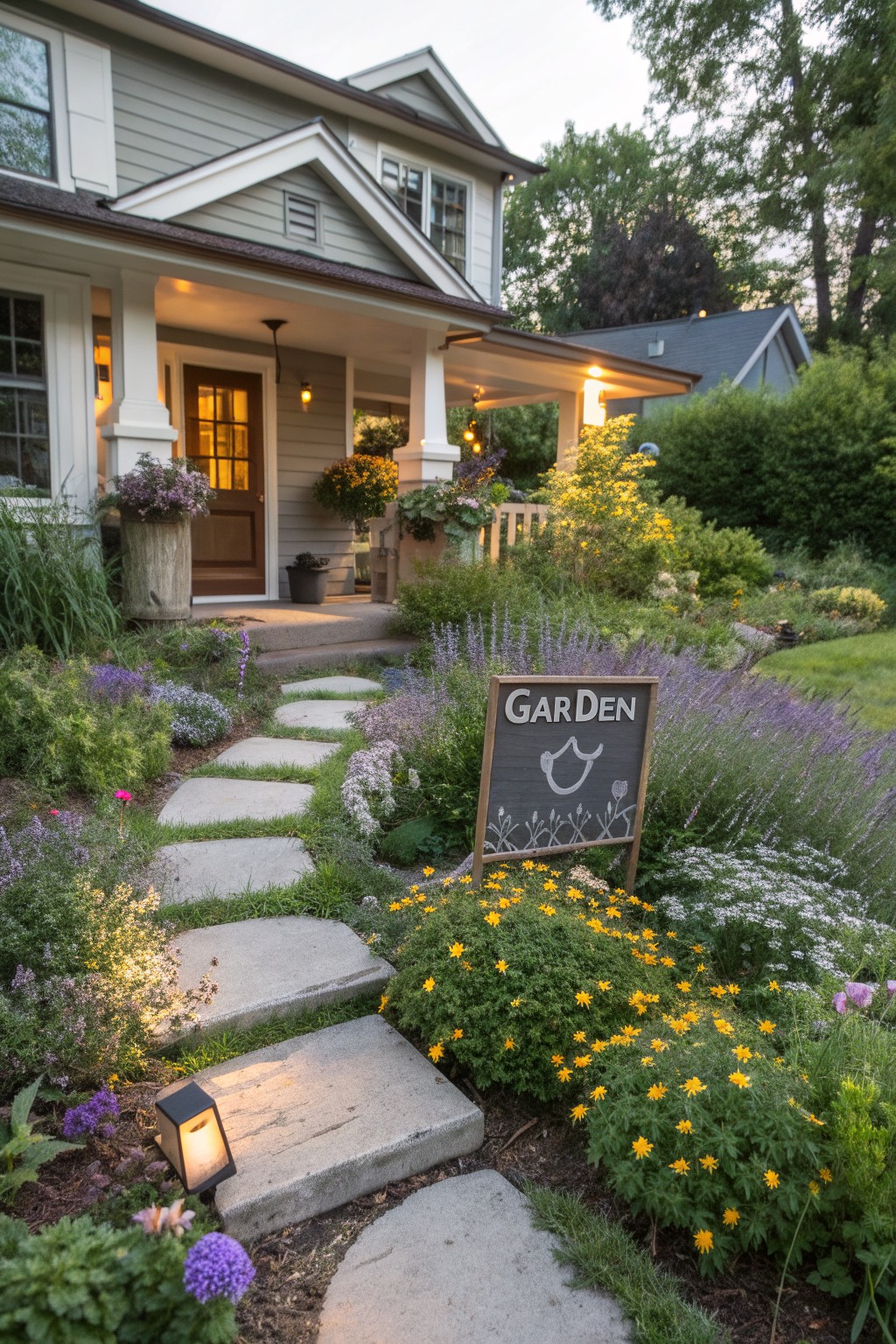 Gray clapboard house with white porch and front door, winding gray stone pathway through flower beds of purple lavender, yellow coreopsis, white flowers, and shrubs, with a wooden 'Garden' sign on a stand.