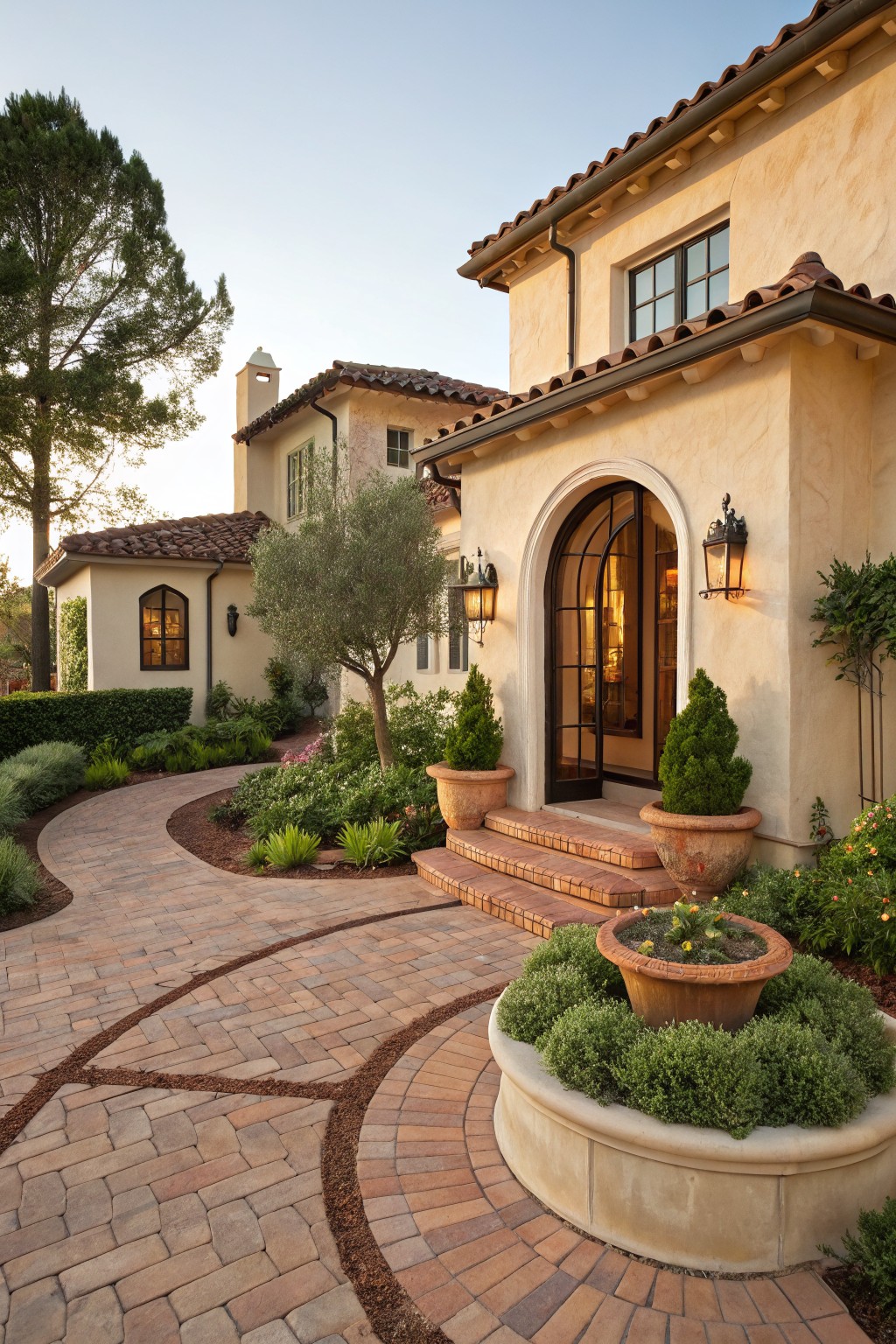 Beige stucco house exterior with arched glass front door, curved brick paver pathway leading through landscaped beds with olive tree, boxwood shrubs, terracotta pots, and low groundcovers.