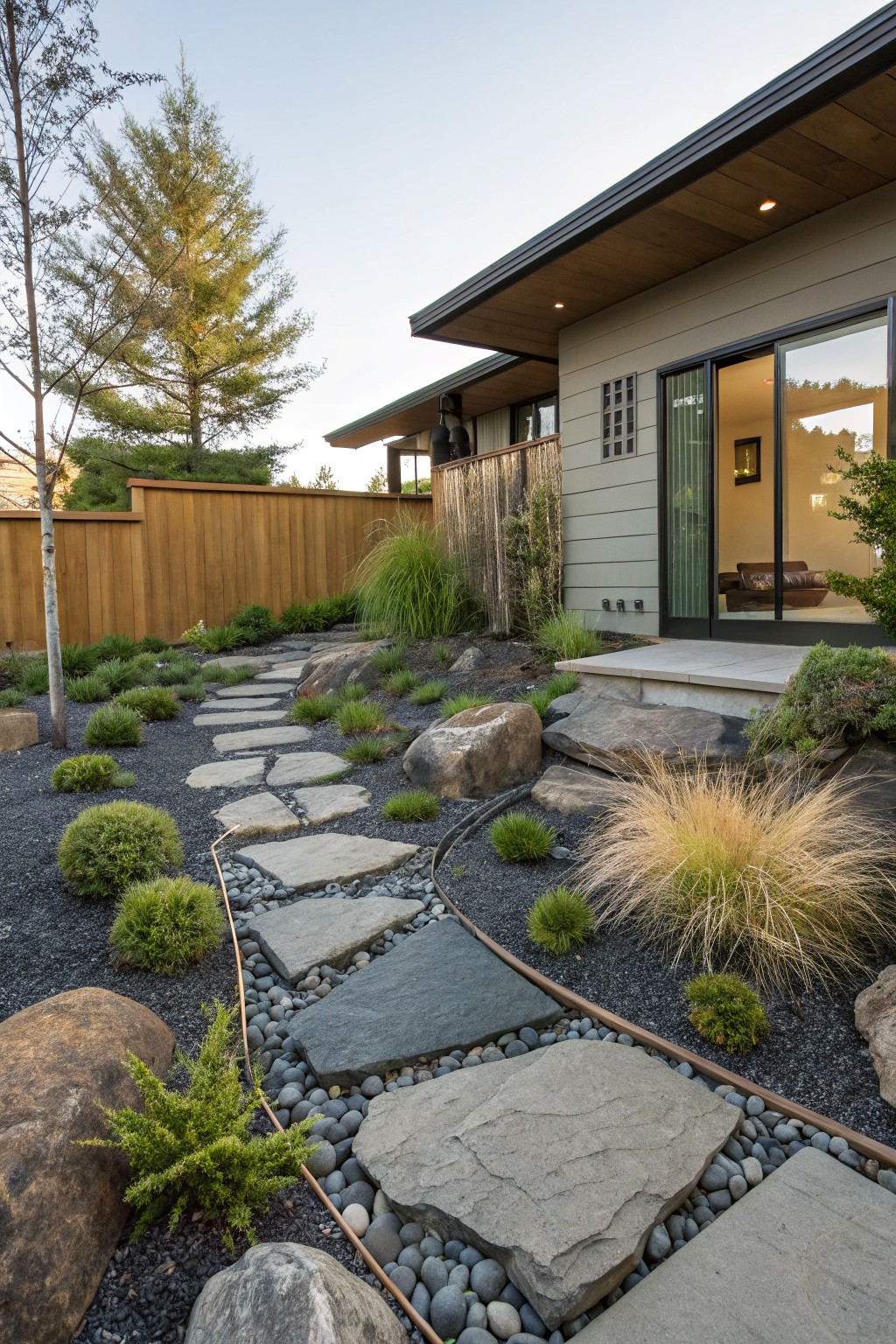 Exterior view of a modern house with cedar siding and a sliding glass door next to a backyard featuring a curved path of irregular gray stone slabs through black gravel mulch, surrounded by large boulders, ornamental grasses, and low shrubs.