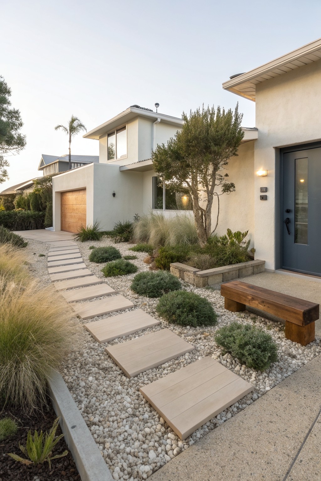 Front yard with a curved pathway of large light-colored rectangular stepping stones set into white gravel ground cover, bordered by drought-tolerant grasses, shrubs, and a wooden bench, leading to a beige house with a dark door.