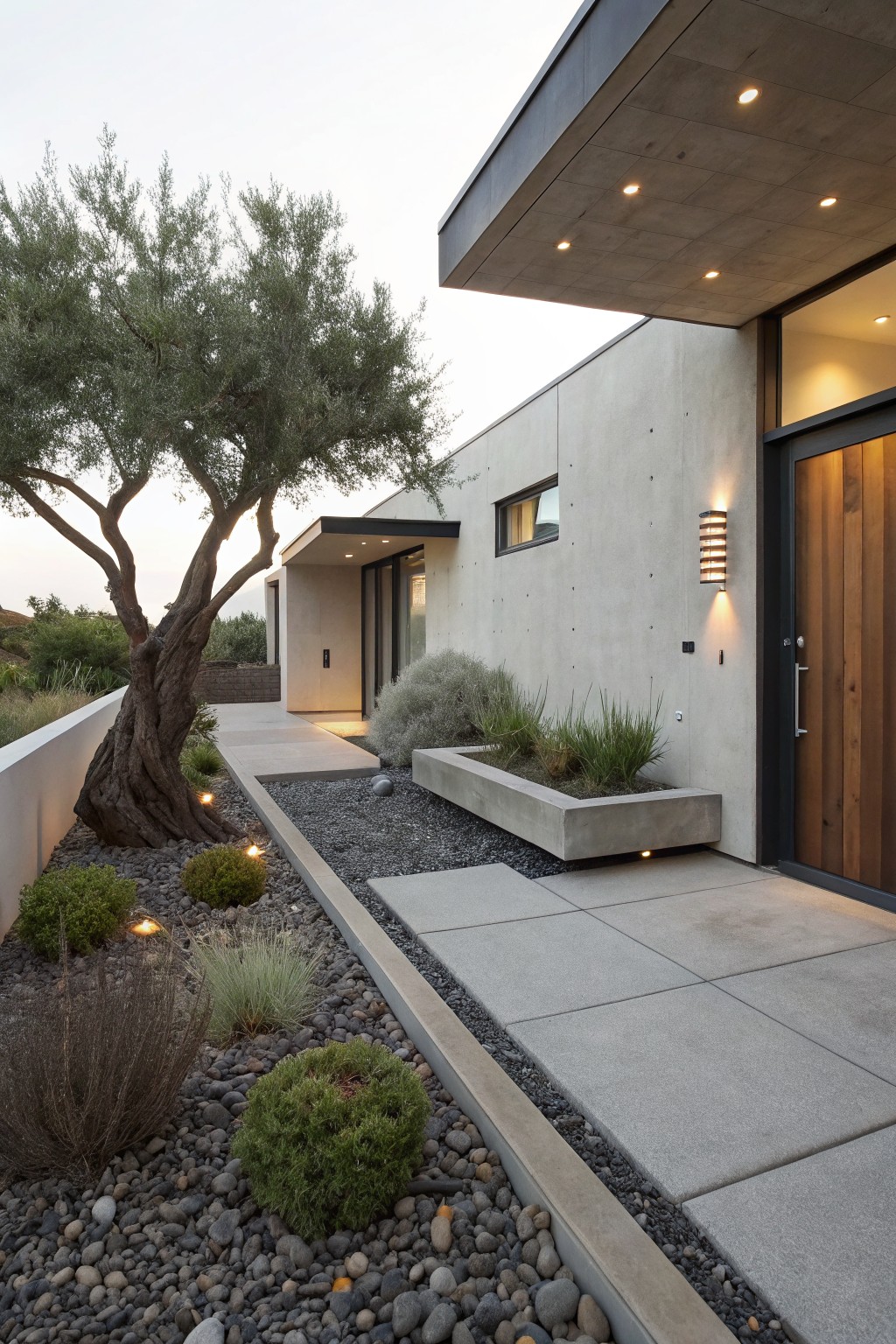 Modern concrete house exterior at dusk with wooden entry door, concrete pathway edged by gravel mulch beds planted with olive tree, grasses, shrubs, and a rectangular concrete planter.