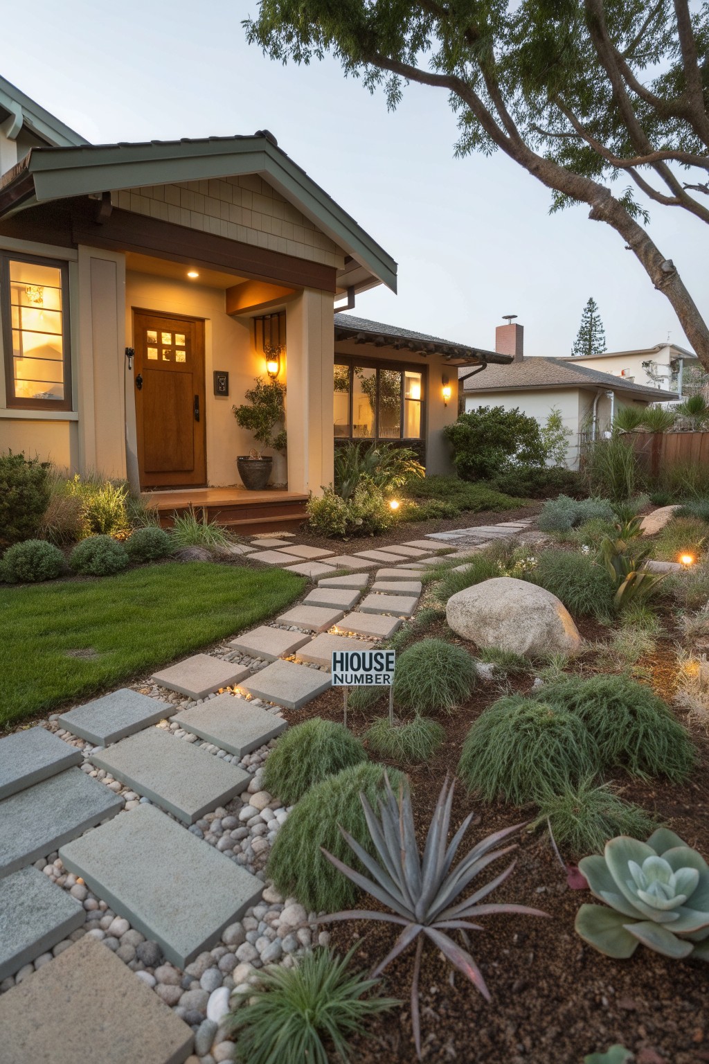 Beige Craftsman-style house with wooden front door and drought-tolerant front yard landscaping featuring a winding gray stone paver pathway through gravel, succulents, grasses, agave plants, and large boulders at dusk with low garden lights.