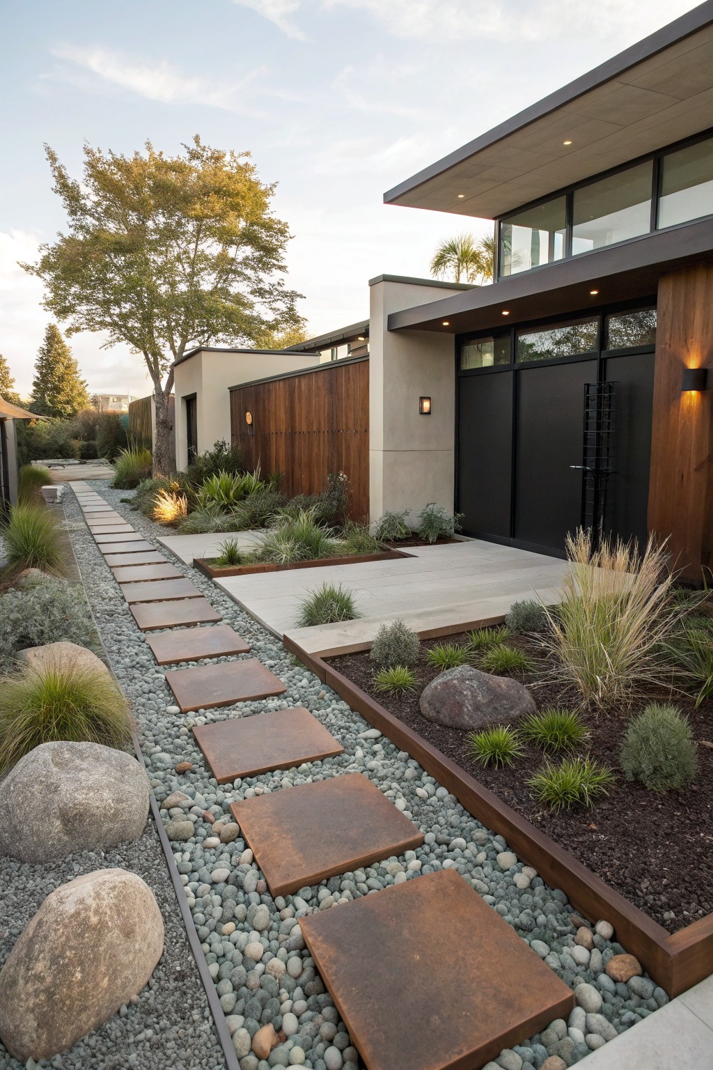 Front yard pathway of large rectangular rusted metal stepping stones set into gray pea gravel, bordered by drought-tolerant grasses, shrubs, boulders, and raised garden beds leading to a modern house entrance.