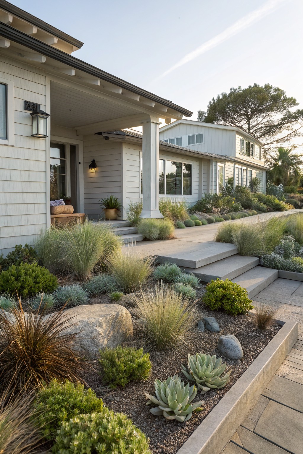 White shingled house with covered front porch and concrete steps leading to the entry door, flanked by landscaped beds of ornamental grasses, succulents, shrubs, and boulders.